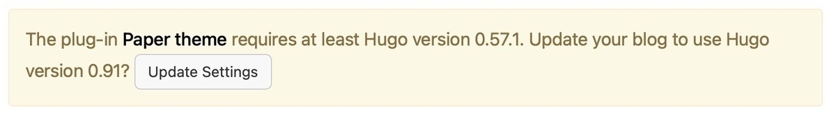Screenshot of Hugo version update notice.