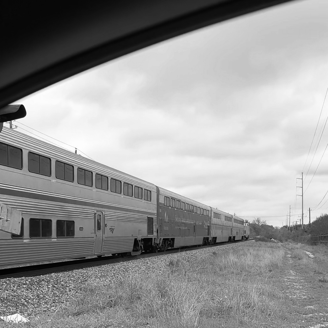 Amtrak on railroad track.