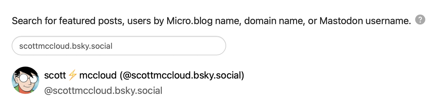 Screenshot of searching for scottmccloud.bsky.social in Micro.blog's Discover page.
