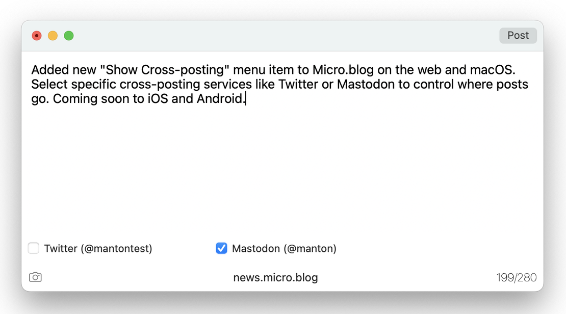 Screenshot of new checkboxes for cross-posting on macOS.