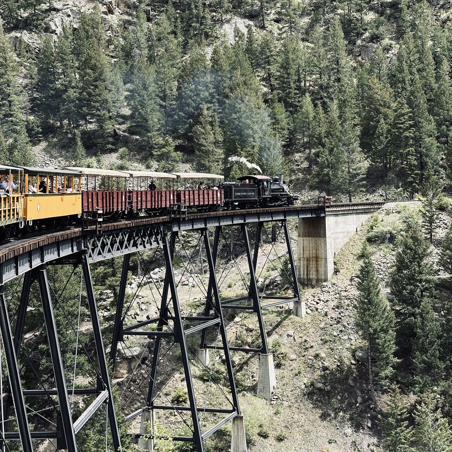 Train on high bridge in Colorado.
