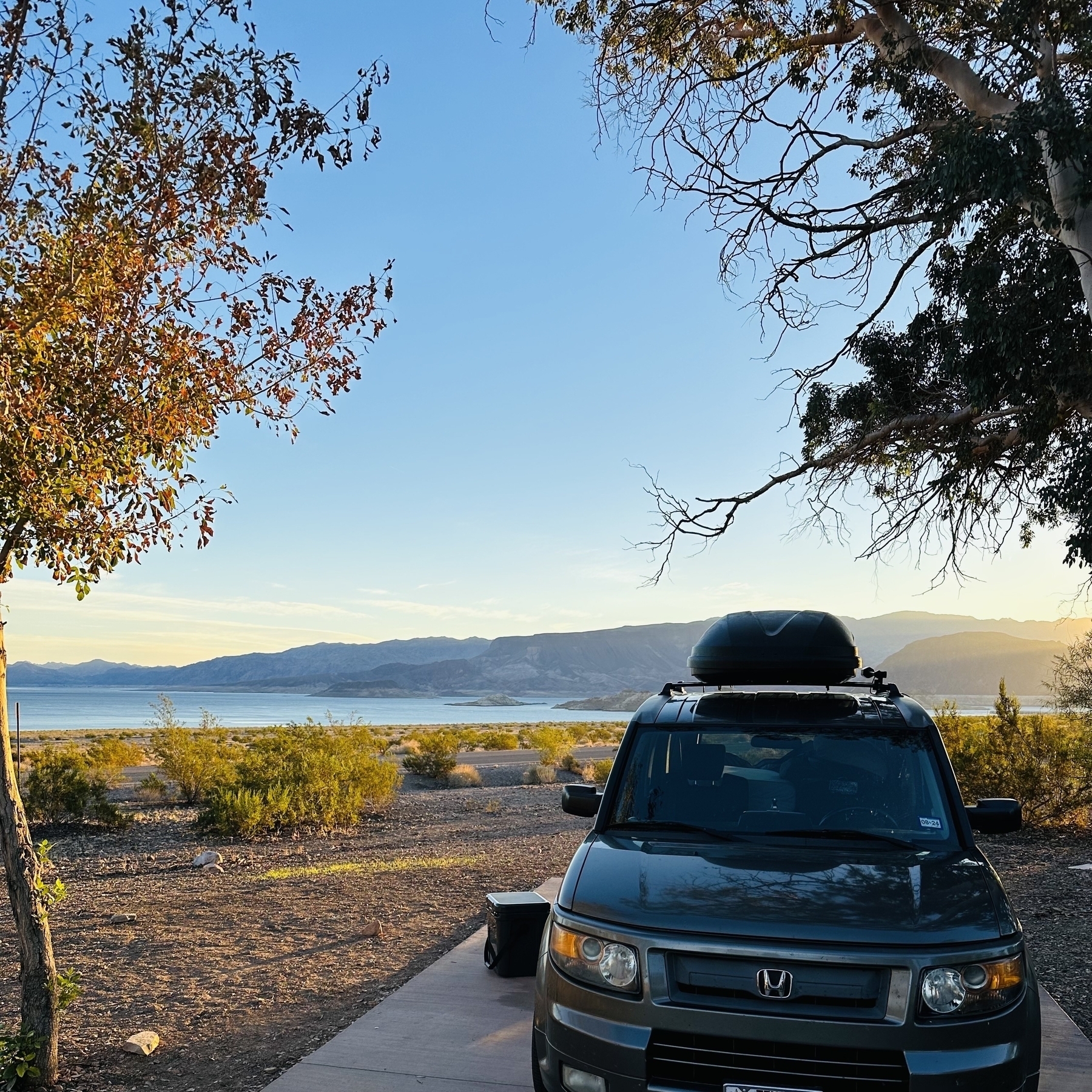 Honda Element with lake and mountains in background.