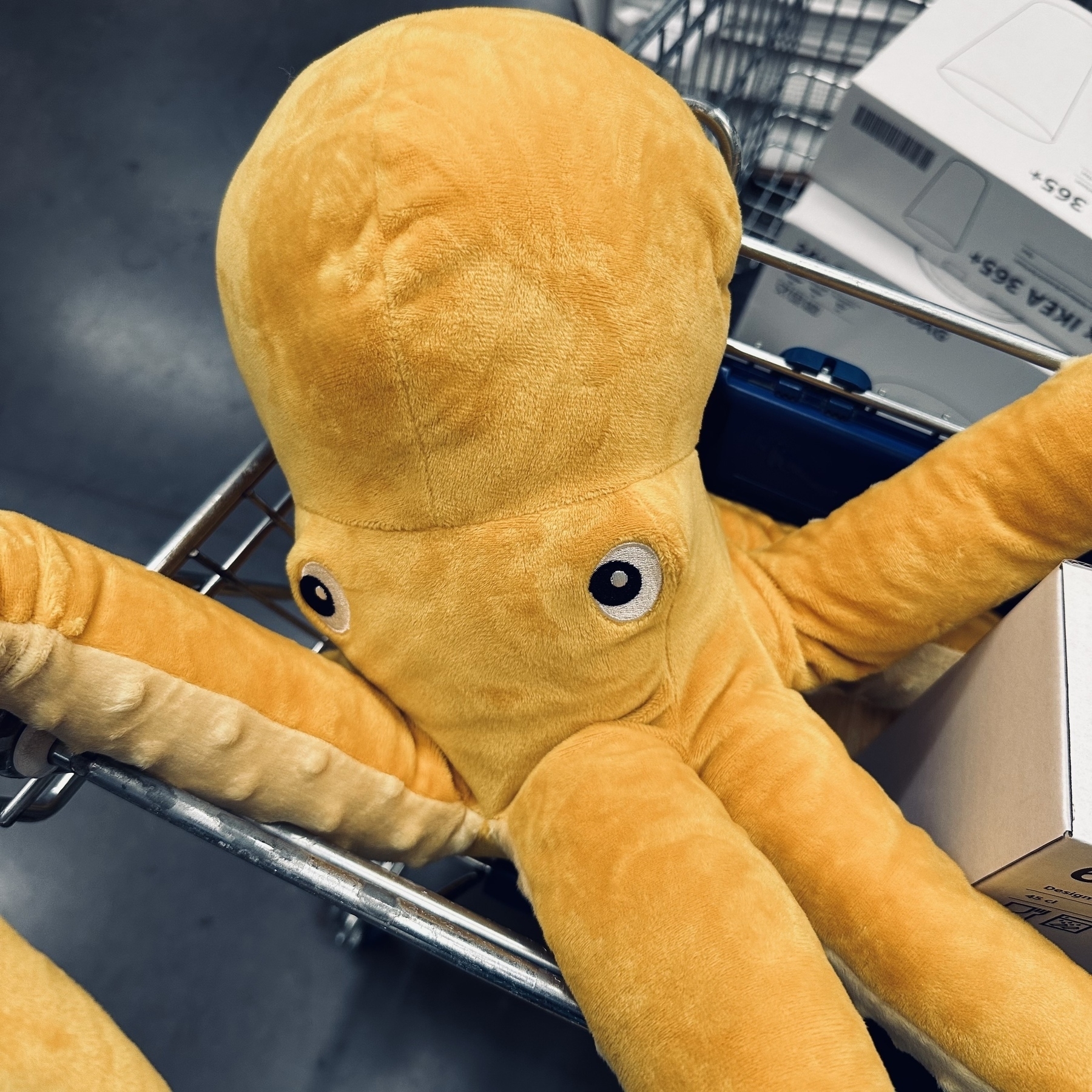 Stuffed animal octopus in shopping cart.