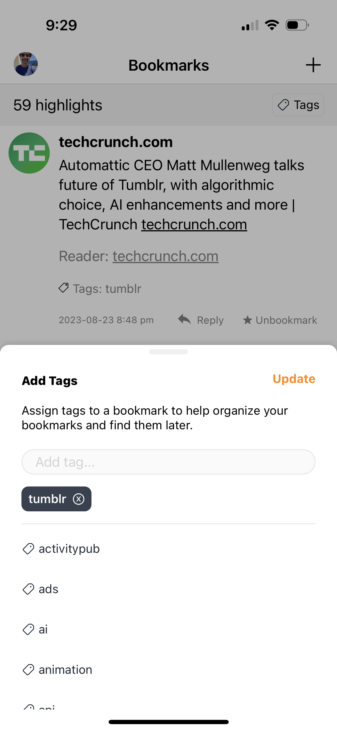 Screenshot of bookmark tags on iOS.