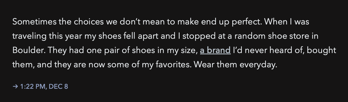Screenshot of my blog post about stopping to buy some shoes.
