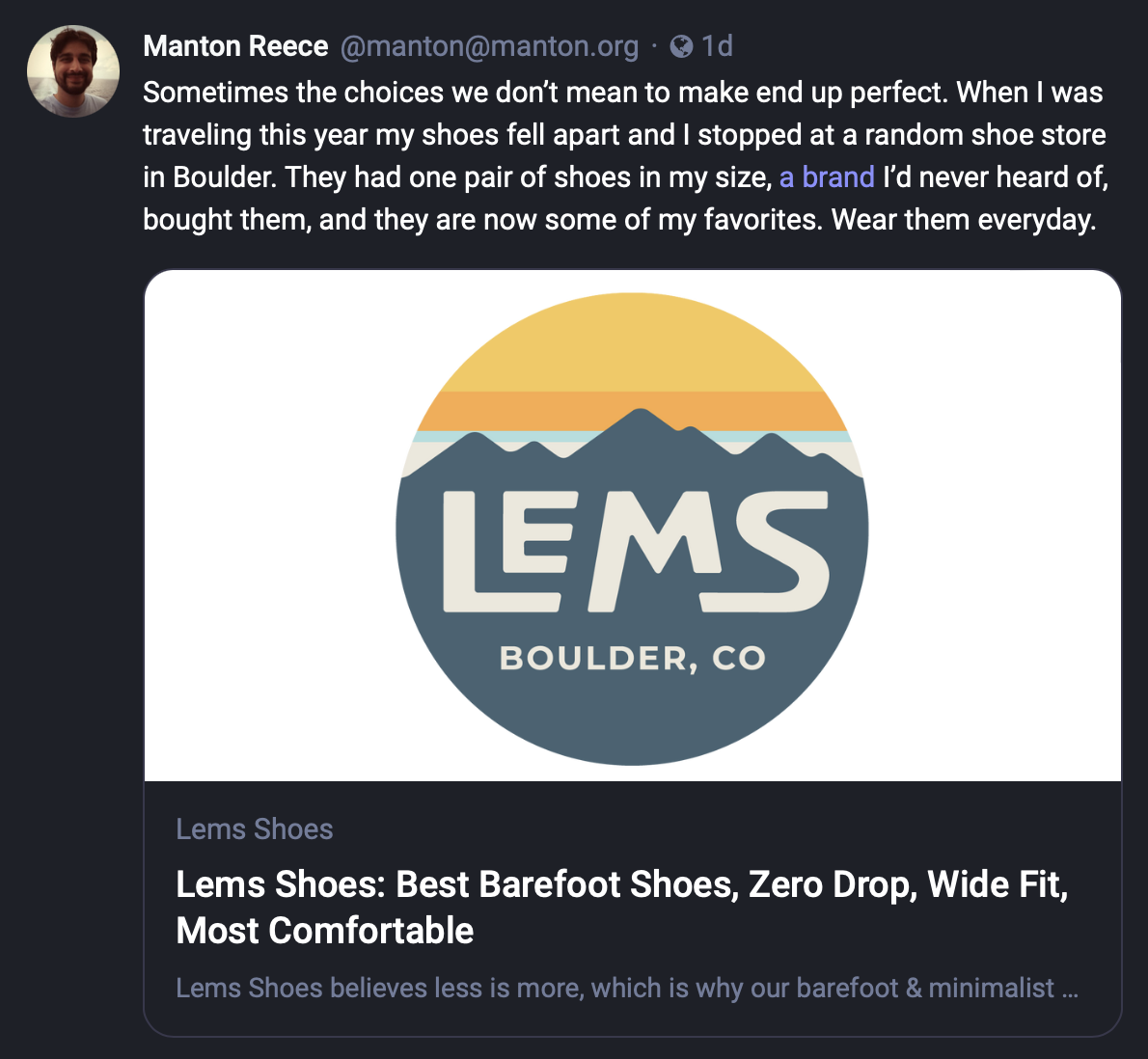 Screenshot of Mastodon with a giant link preview image for Lems shoes that is bigger than my actual text post.