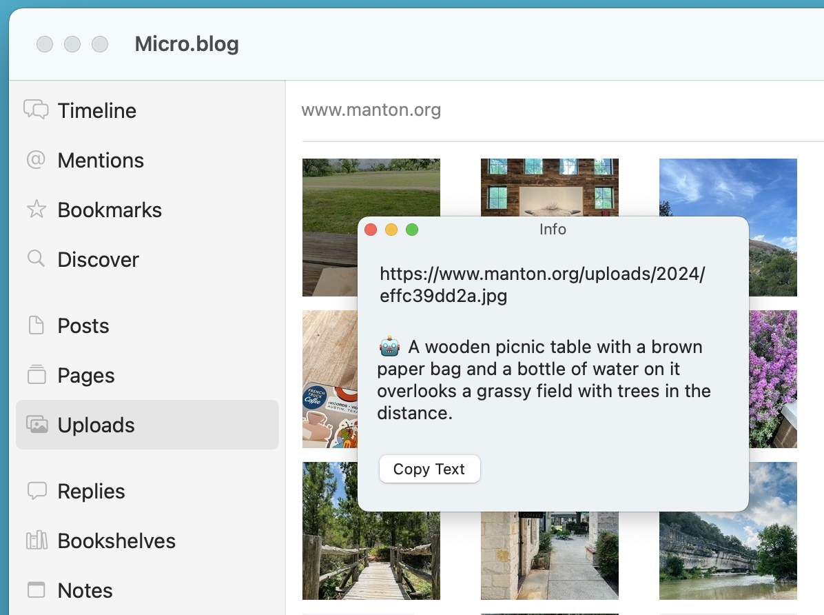 Screenshot of Mac app with sidebar and grid of uploads, with a floating window that shows the URL, alt text, and a copy button.