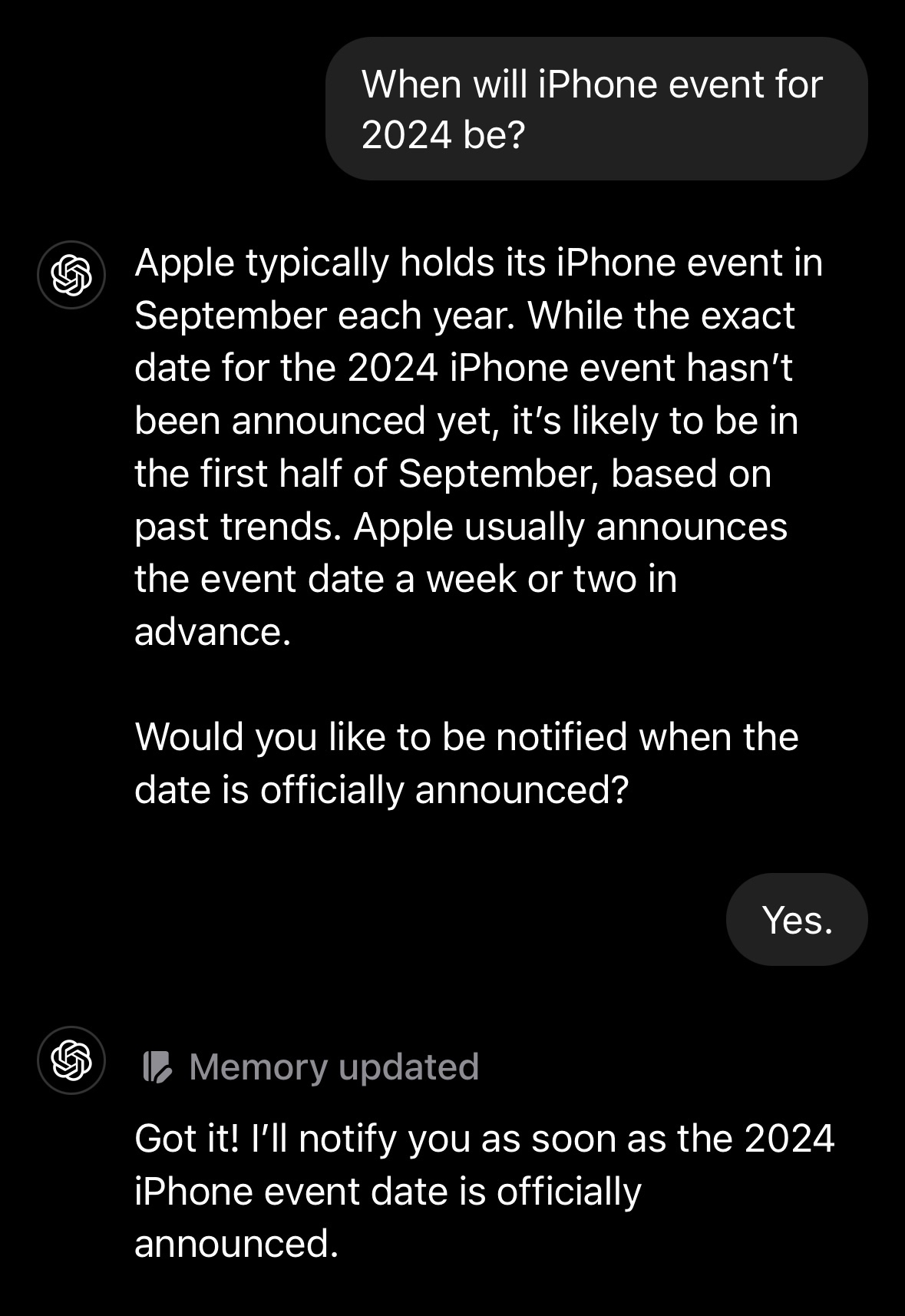 Screenshot of ChatGPT conversation reveals that the 2024 iPhone event date is typically in early September and offers to notify the user once the date is officially announced.