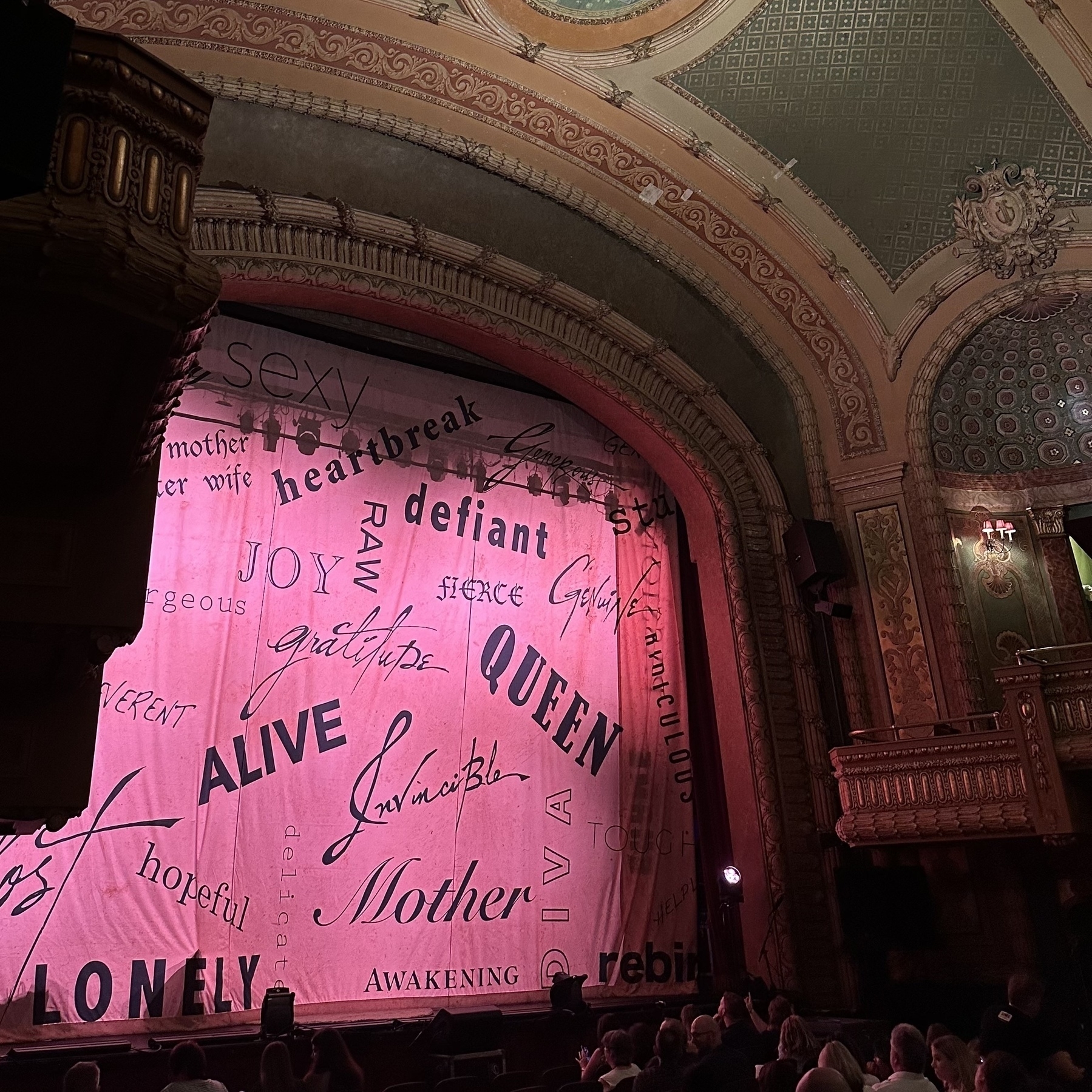 A stage inside the Paramount Theater with a curtain covered in various words in different fonts, lit with pink lighting, with an audience seated in front before the show starts.