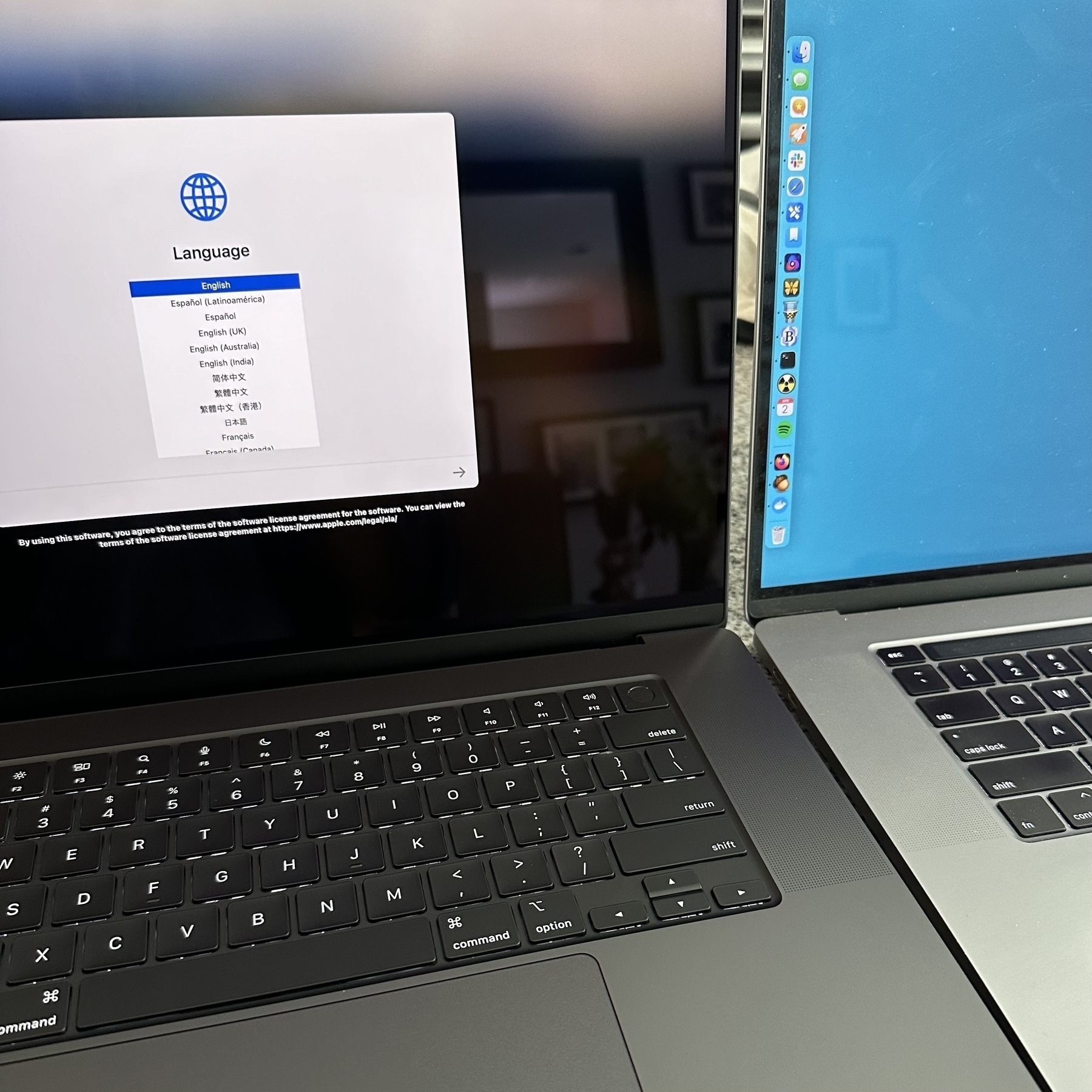 Two 16-inch MacBook Pros. Intel on the right, M3 Max on the left.