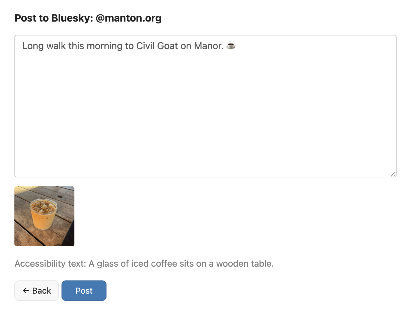 Screenshot of the manual cross-posting interface to Bluesky with editable post text, photo thumbnail, and accessibility text.