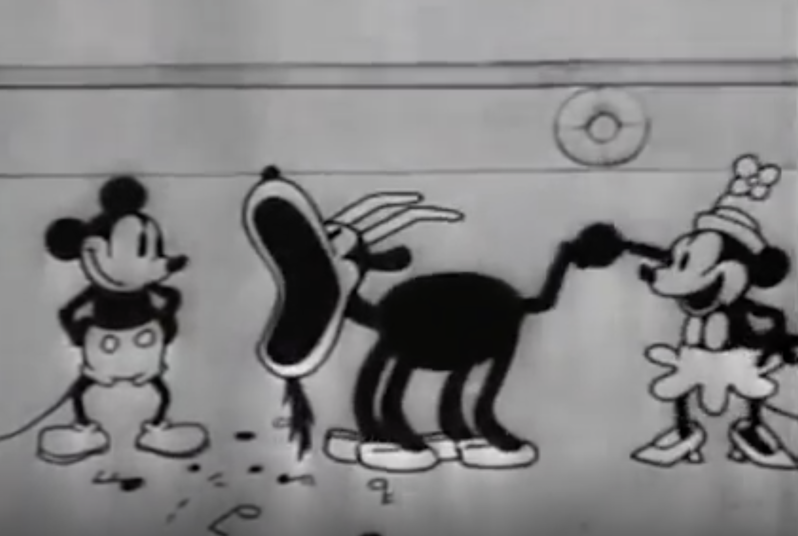 Frame from the 1928 animated film, Steamboat Willie with Mickey and Minnie Mouse playing music on the animals.