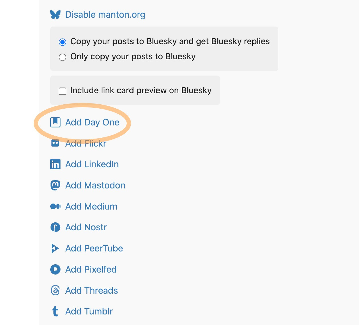 Screenshot of Micro.blog Sources page with Day One highlighted.