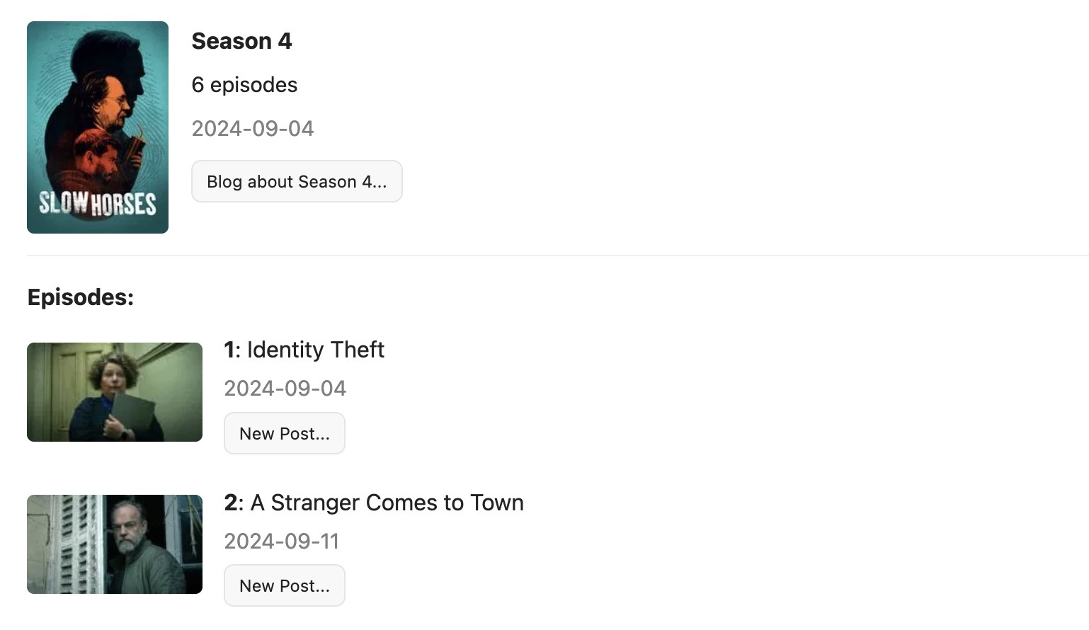 Screenshot of Micro.blog web interace showing Slow Horses season 4 and a couple episodes.