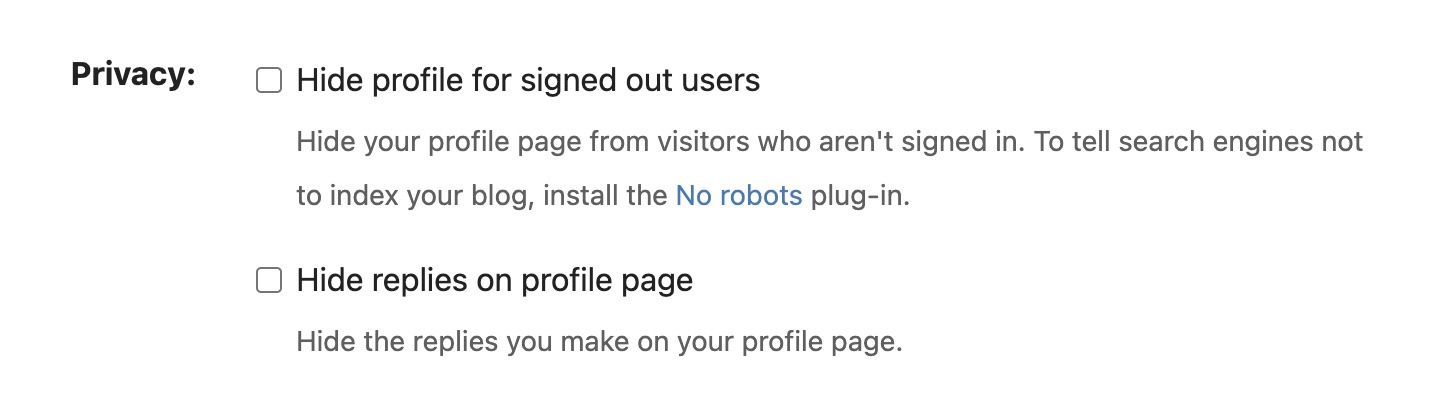 A privacy settings interface with options to hide the profile for signed-out users and hide replies on the profile page is displayed.
