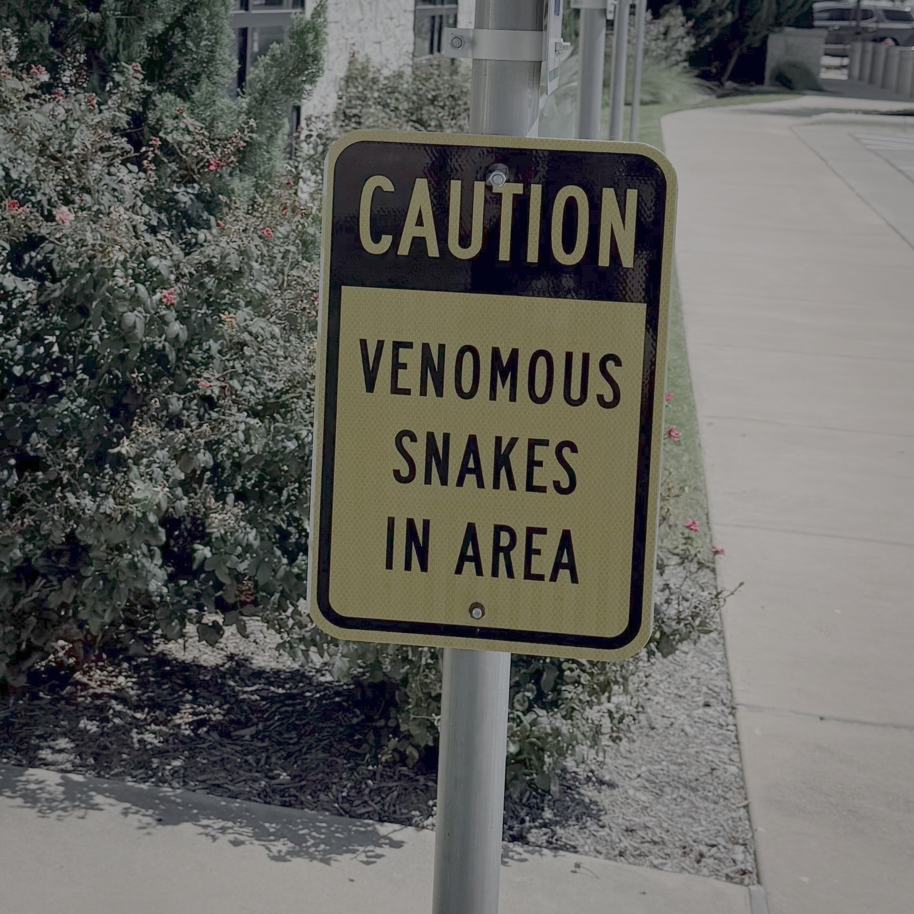 A caution sign warns about the presence of venomous snakes in the area.