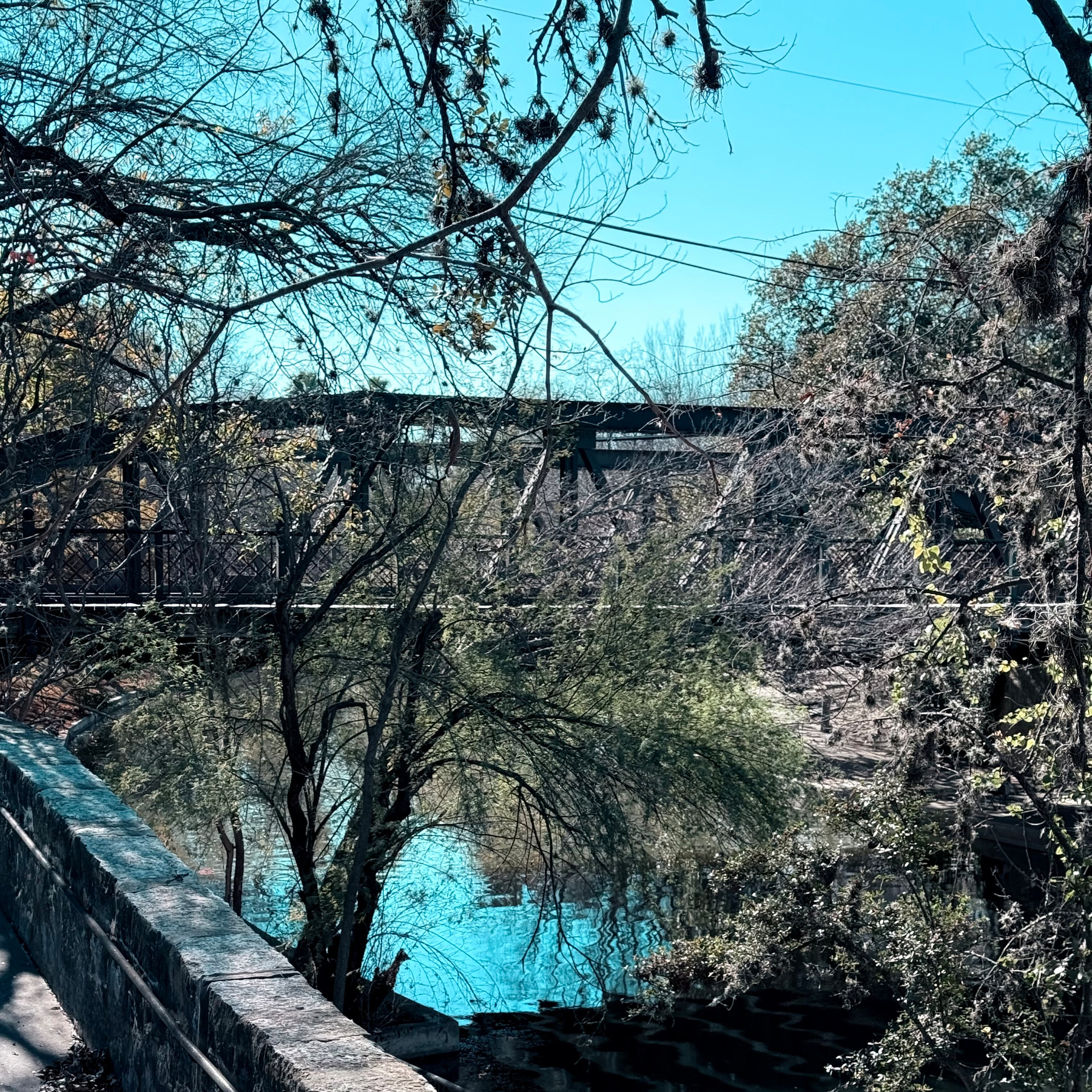 A serene landscape features a river surrounded by trees and an old bridge in the background.