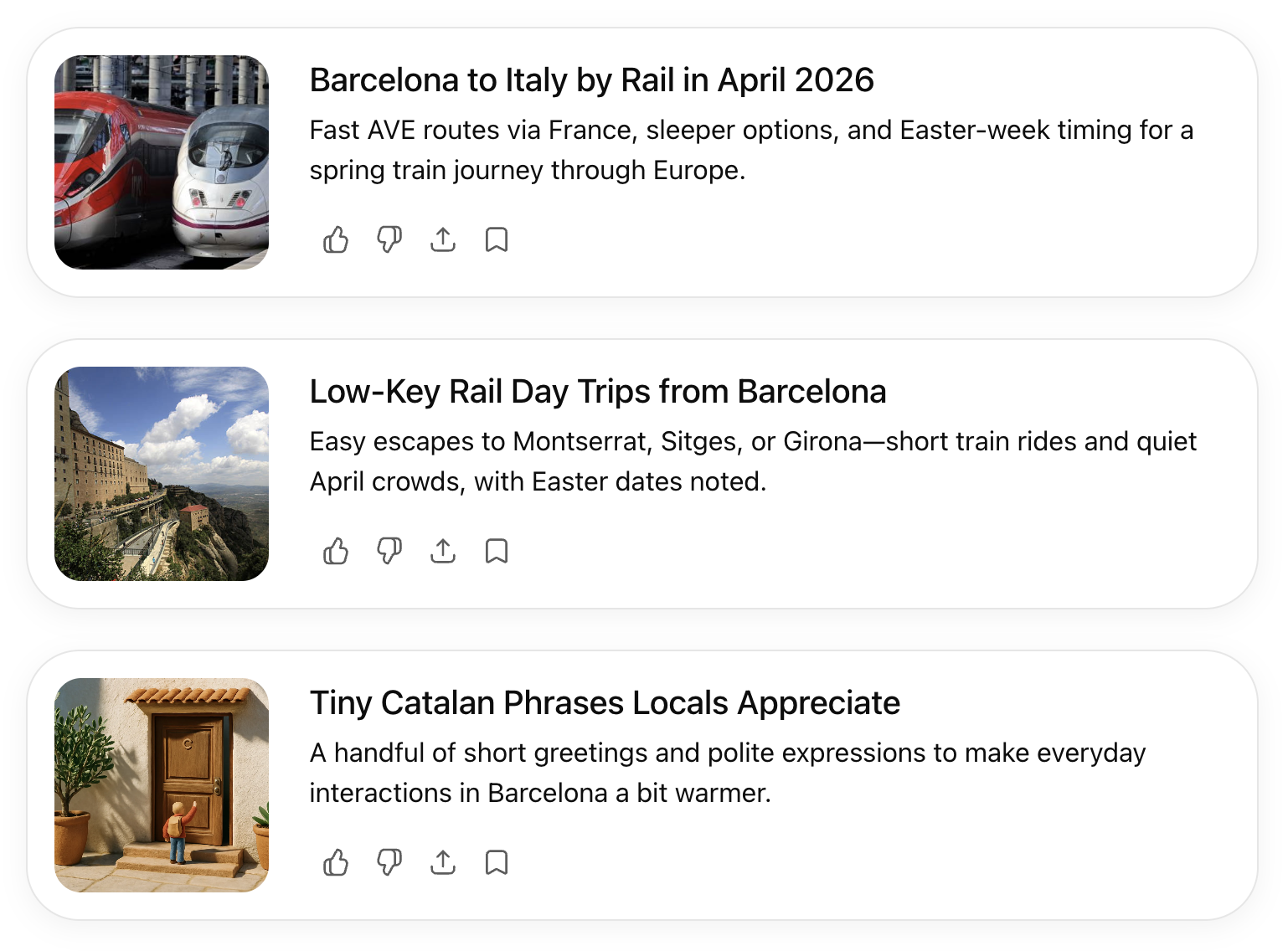 Three travel articles featuring rail trips from Barcelona and Catalan phrases are displayed with images and brief descriptions.