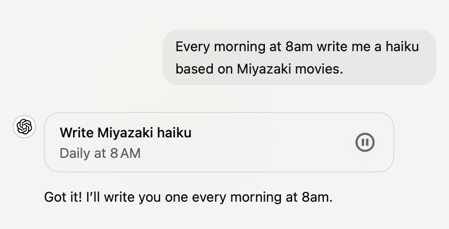 Screenshot of asking ChatGPT to write a haiku based on Miyazaki movies, every morning at 8am.