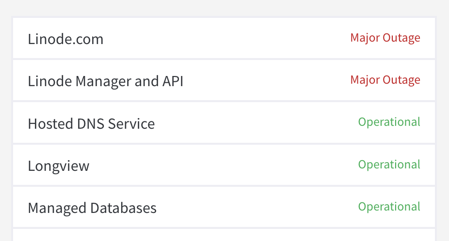Screenshot showing status page for Linode.