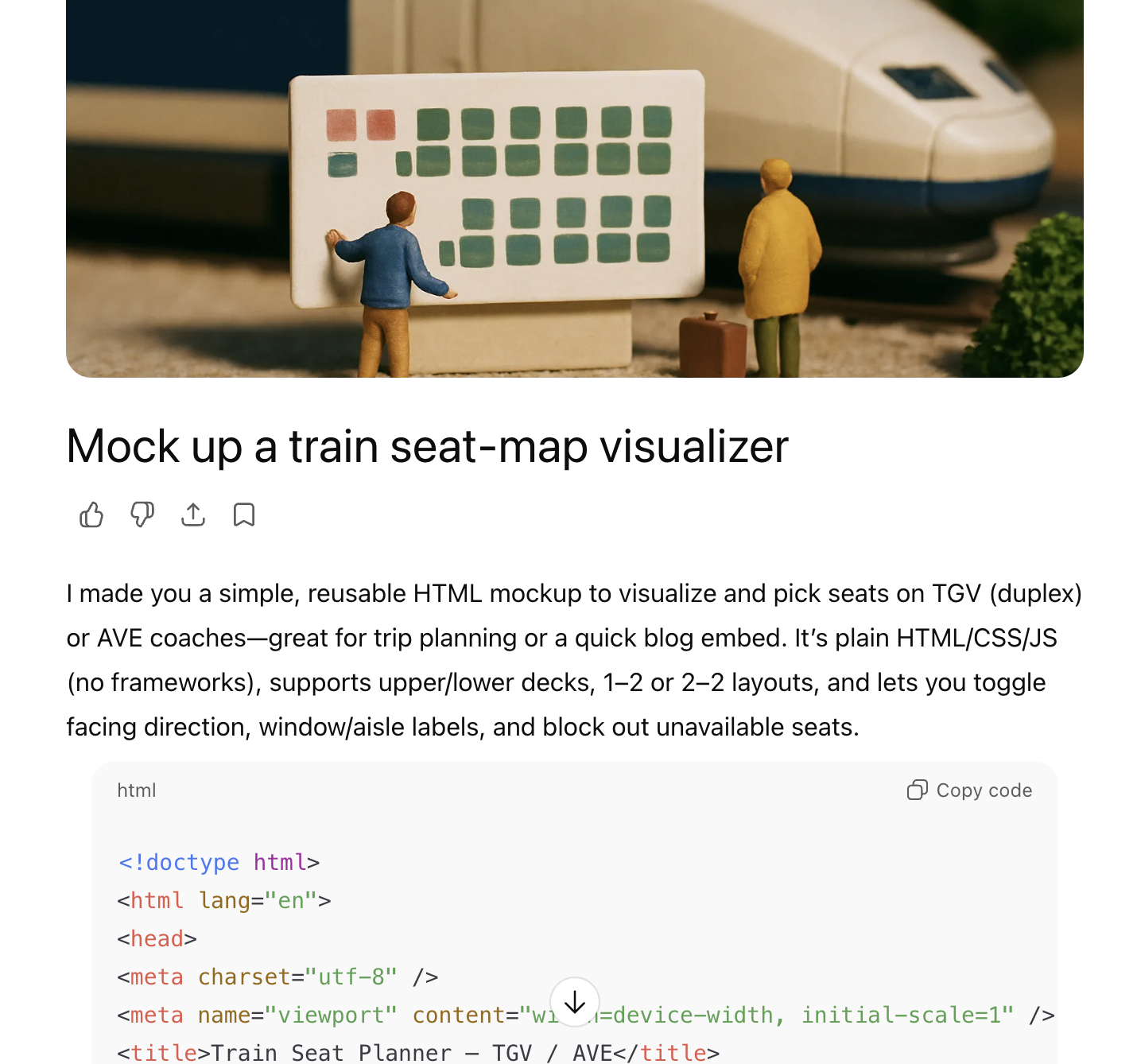 A small model of people and a train seat layout is displayed above HTML code for a train seat-map visualizer.