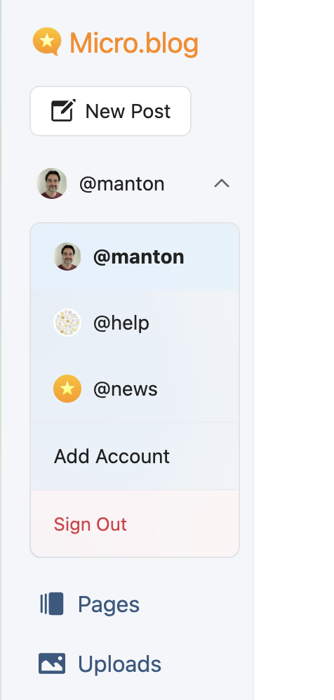 Screenshot of popover menu showing my accounts in the Micro.blog sidebar.