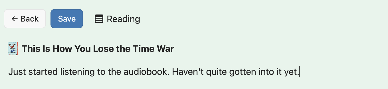 Screenshot of editing a note with book cover thumbnail and title above it.