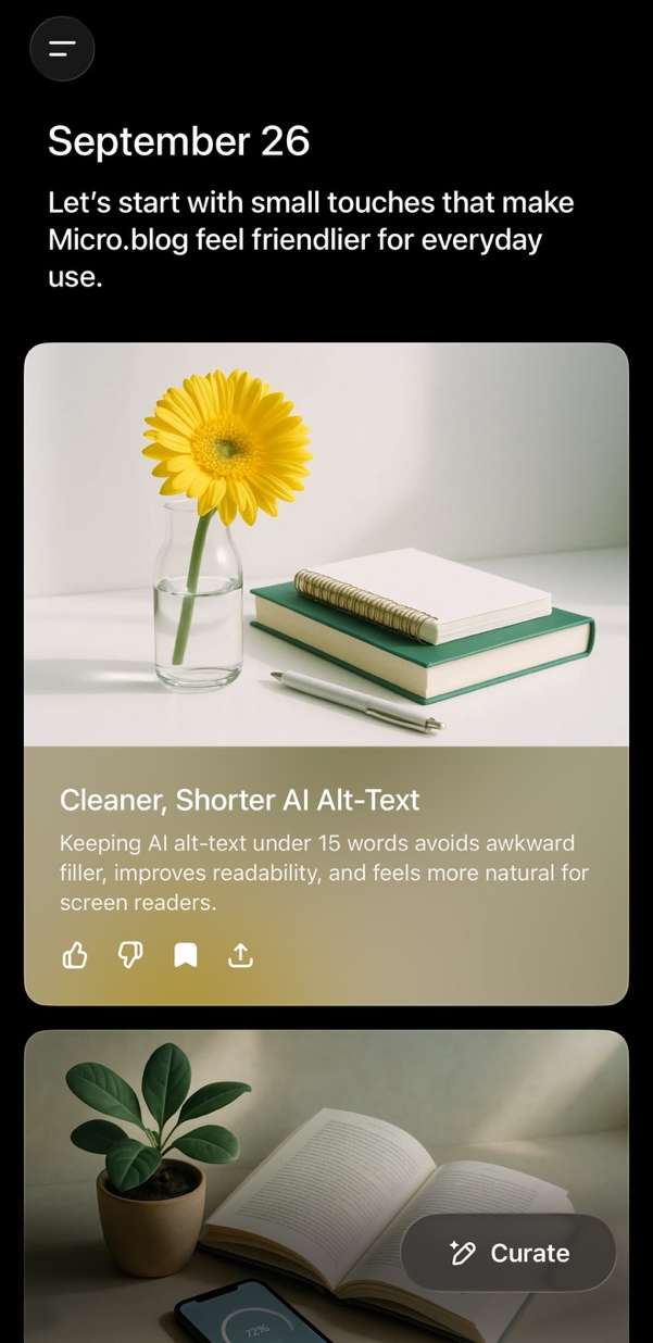Screenshot of Pulse with a text discusses making AI-generated alt-text cleaner and shorter.