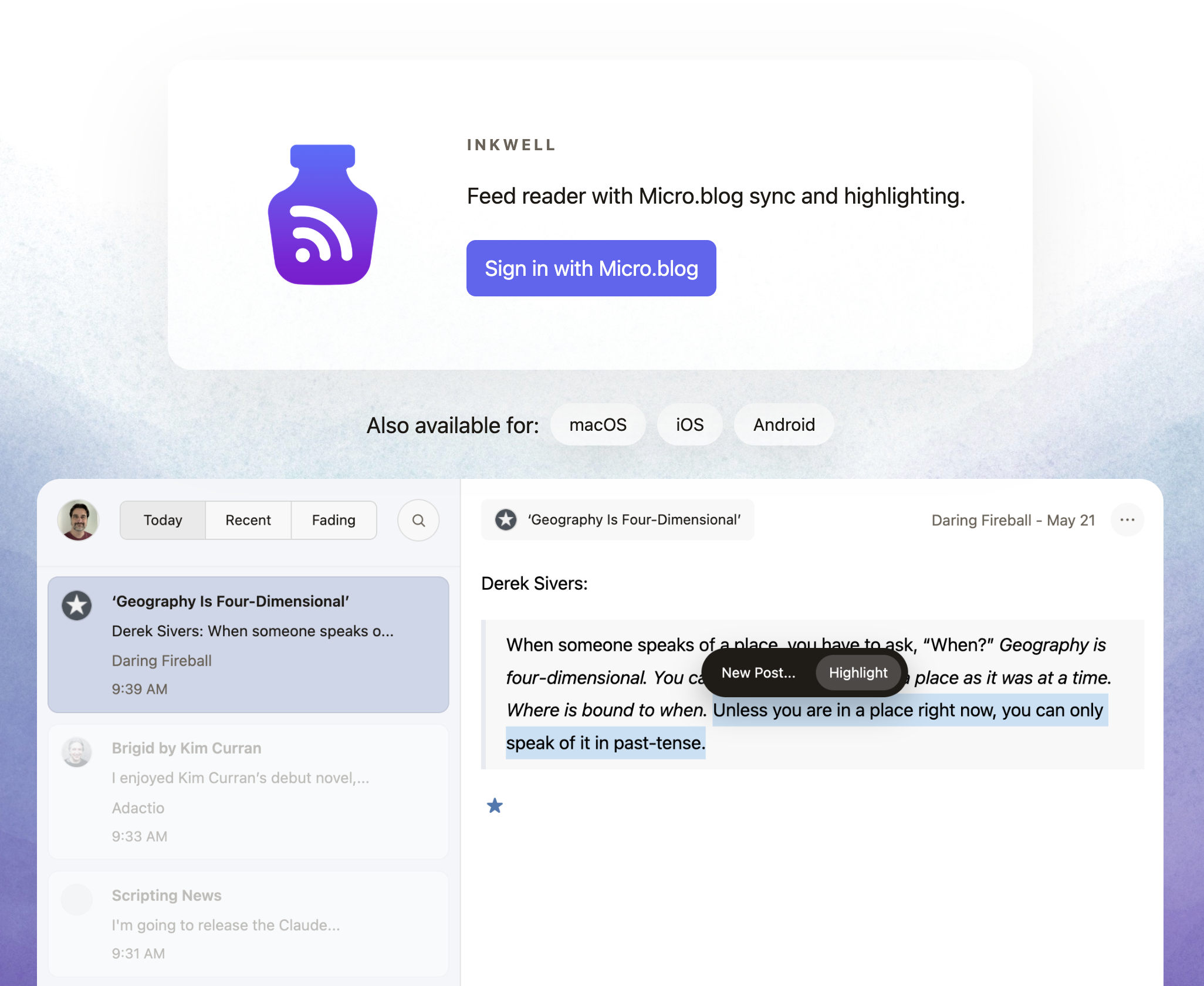 Home page for Inkwell showing sign in button, download links, and screenshot.