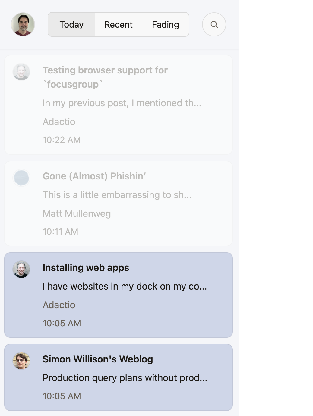 Auto-generated description: A screenshot of a blog interface shows recent posts with some faded, including titles and authors like Installing web apps by Adactio.