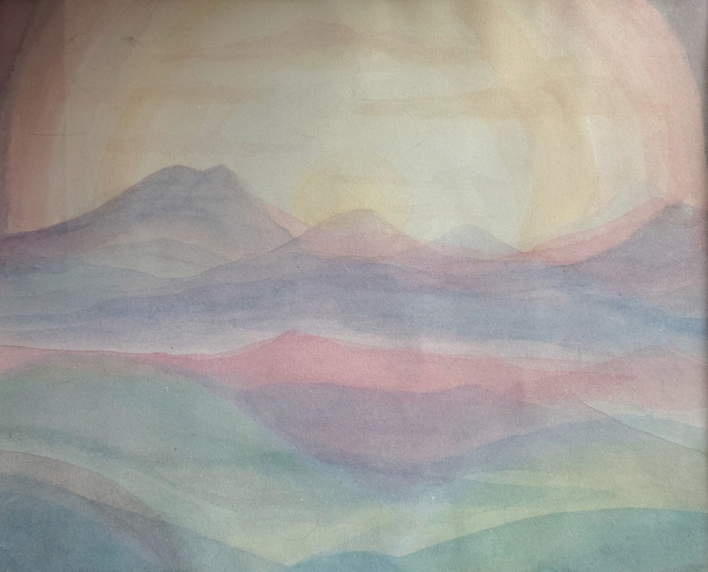 Soft pastel colors depict a serene, abstract landscape with gentle hills and a hazy sunset.