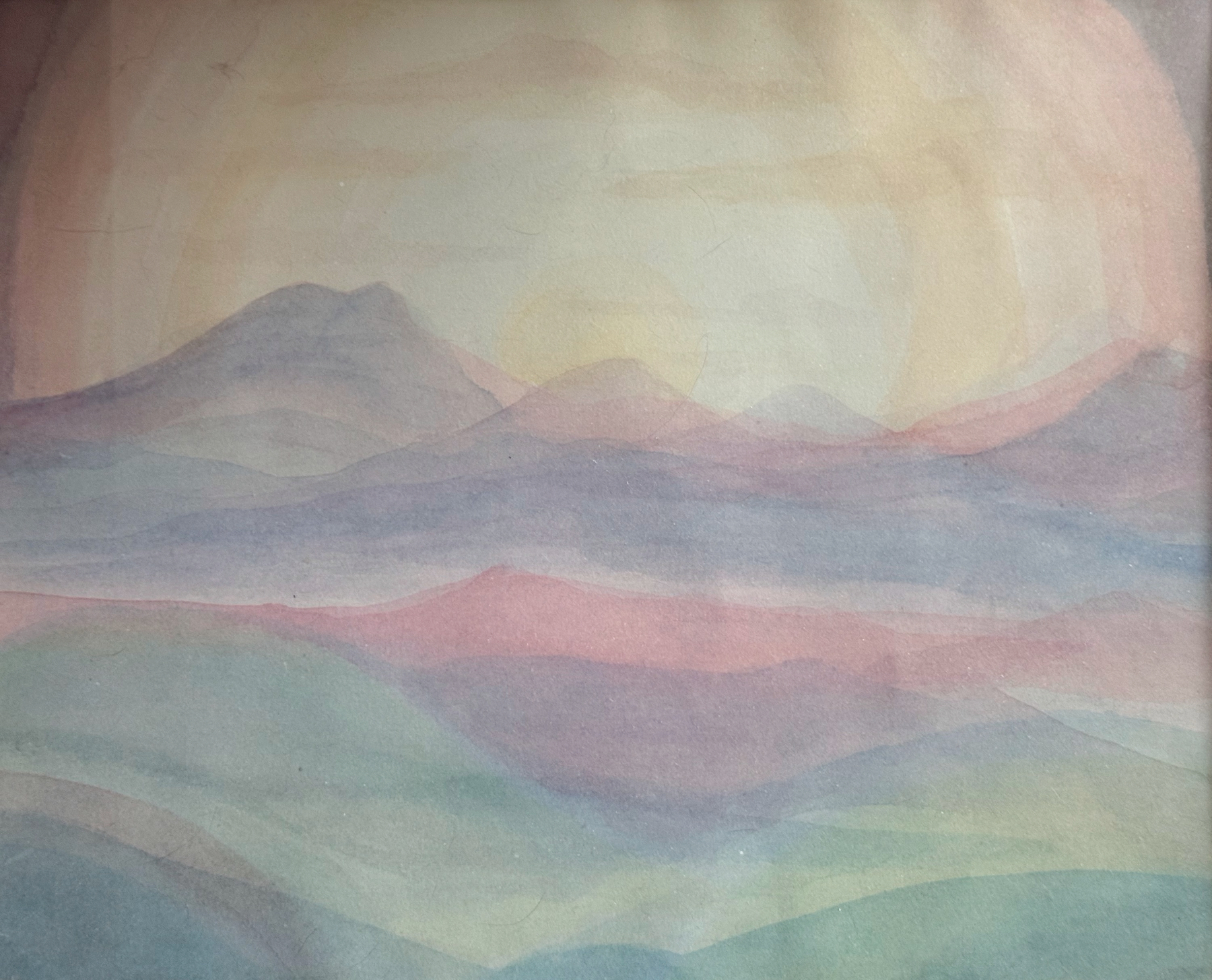 Soft pastel colors depict a serene, abstract landscape with gentle hills and a hazy sunset.