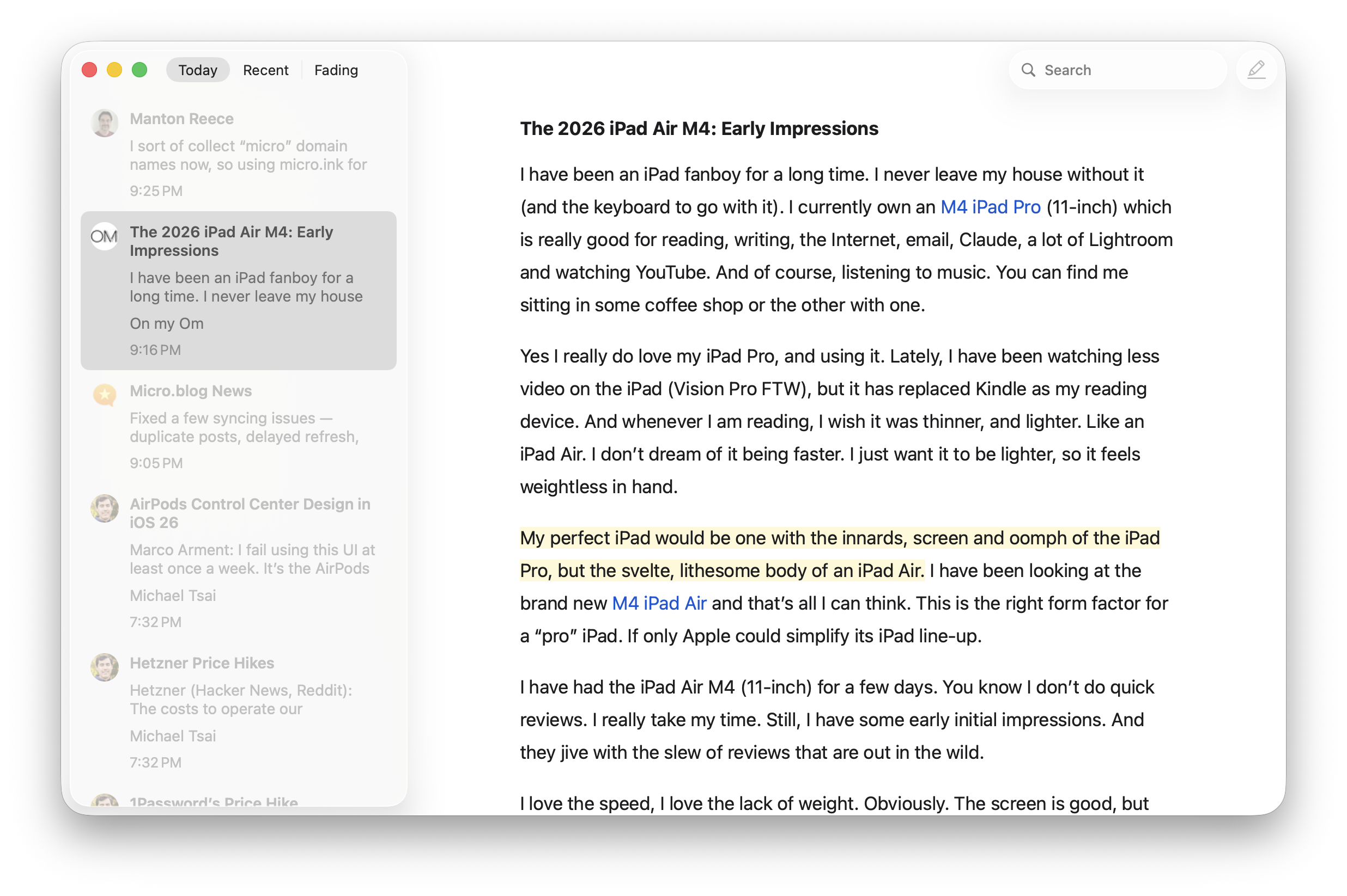 A desktop screen displays a split view with a blog post list on the left and a reading pane showing an article about the iPad on the right.