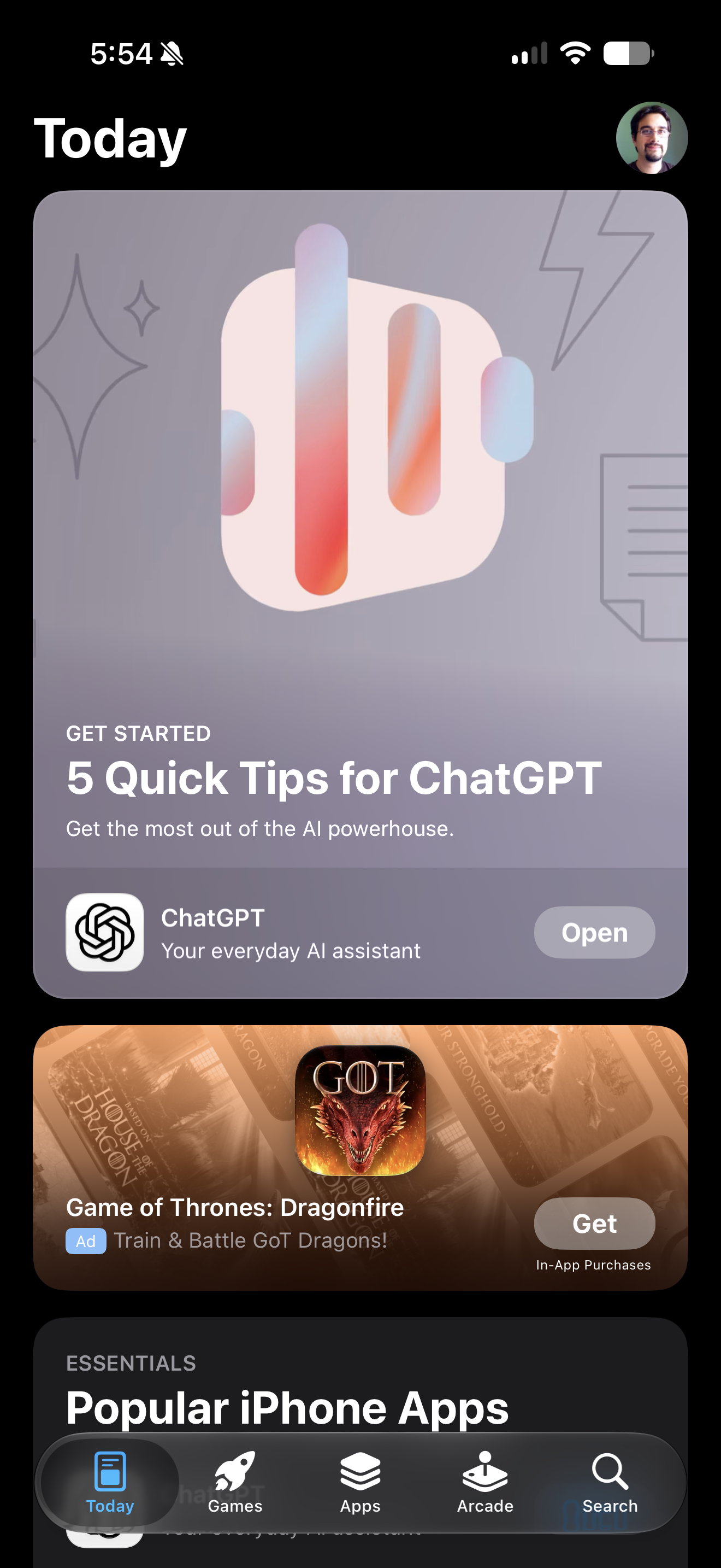A section of the App Store's Today tab highlights 5 Quick Tips for ChatGPT along with an ad for the Game of Thrones: Dragonfire app.