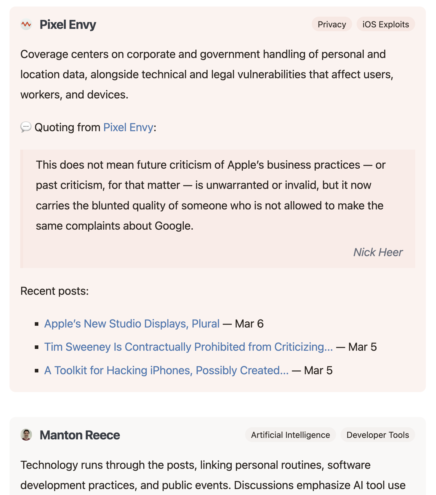 Auto-generated description: A website page features a privacy topic about Pixel Envy, with quoted text on Apple's business practices and recent posts listed below.