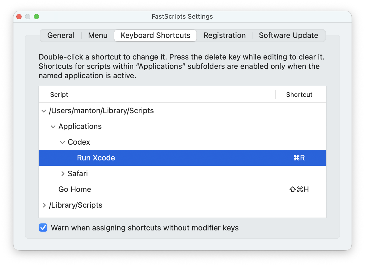 FastScripts Settings window displaying keyboard shortcuts for various scripts and settings options.