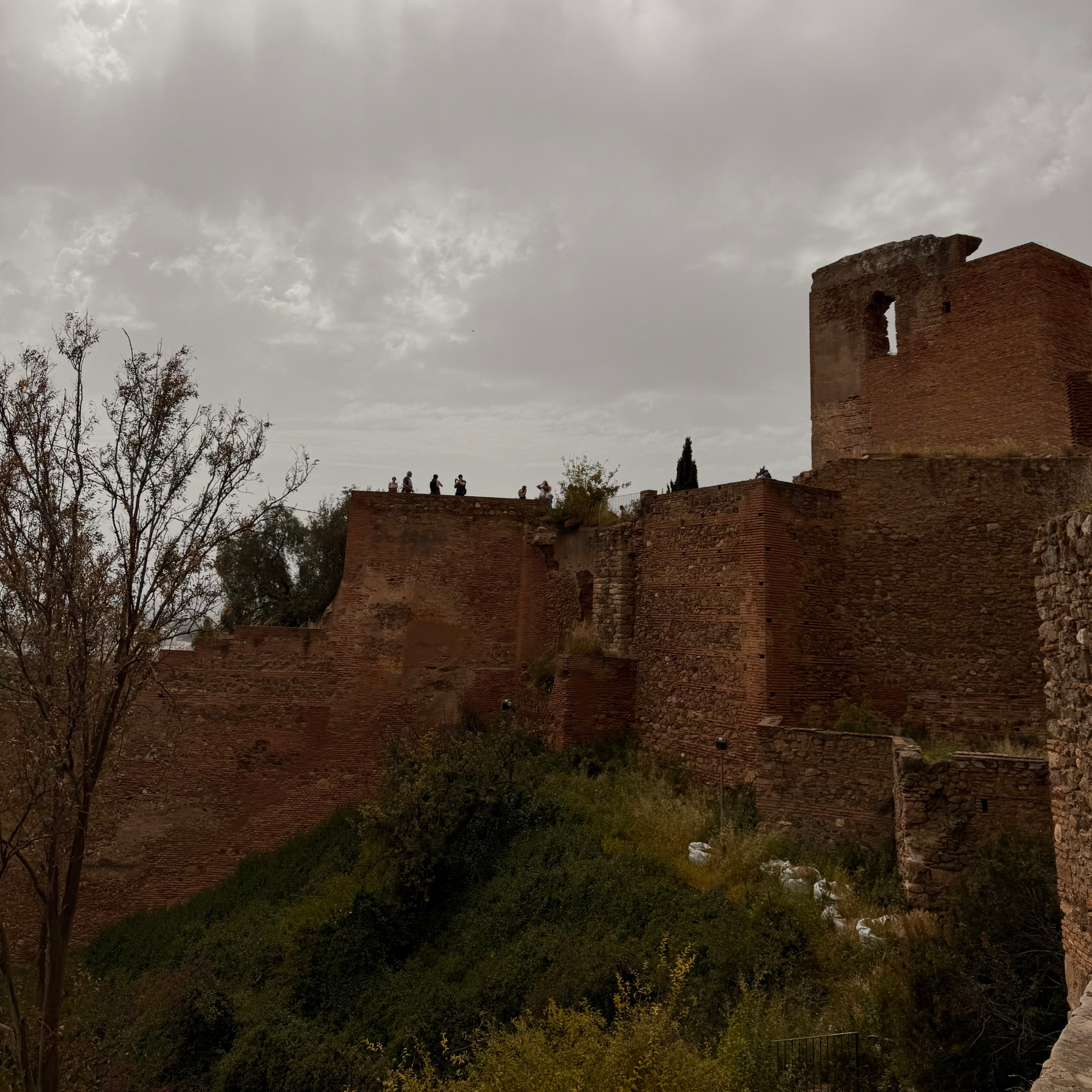A historic brick fortress with a tower is surrounded by greenery and under a cloudy sky.