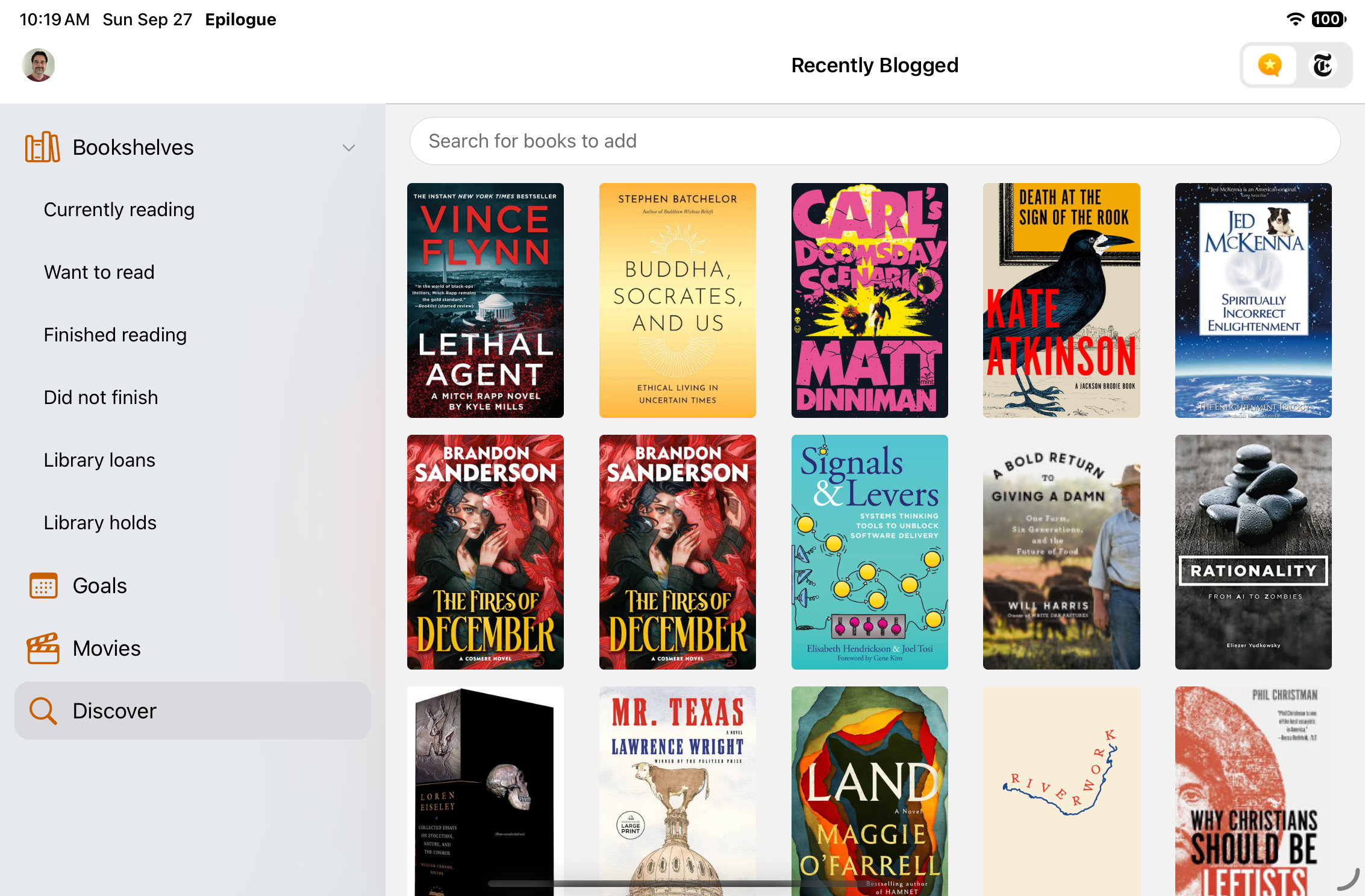 Screenshot of book tracking application displays various book covers under the Recently Blogged section, along with a sidebar menu featuring options like Bookshelves, Goals, Movies, and Discover.