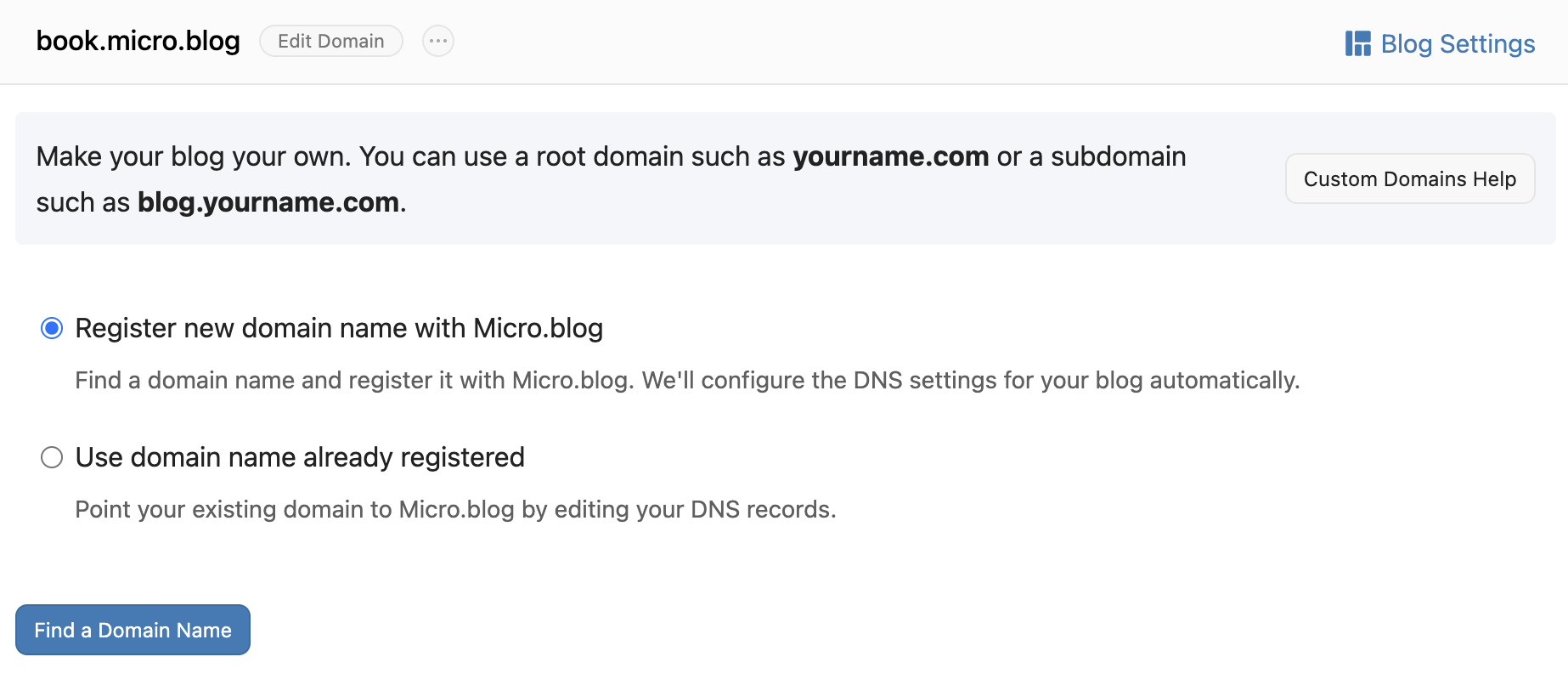 Screenshot shows options for registering a new domain name with Micro.blog or using an existing domain name by editing DNS records.