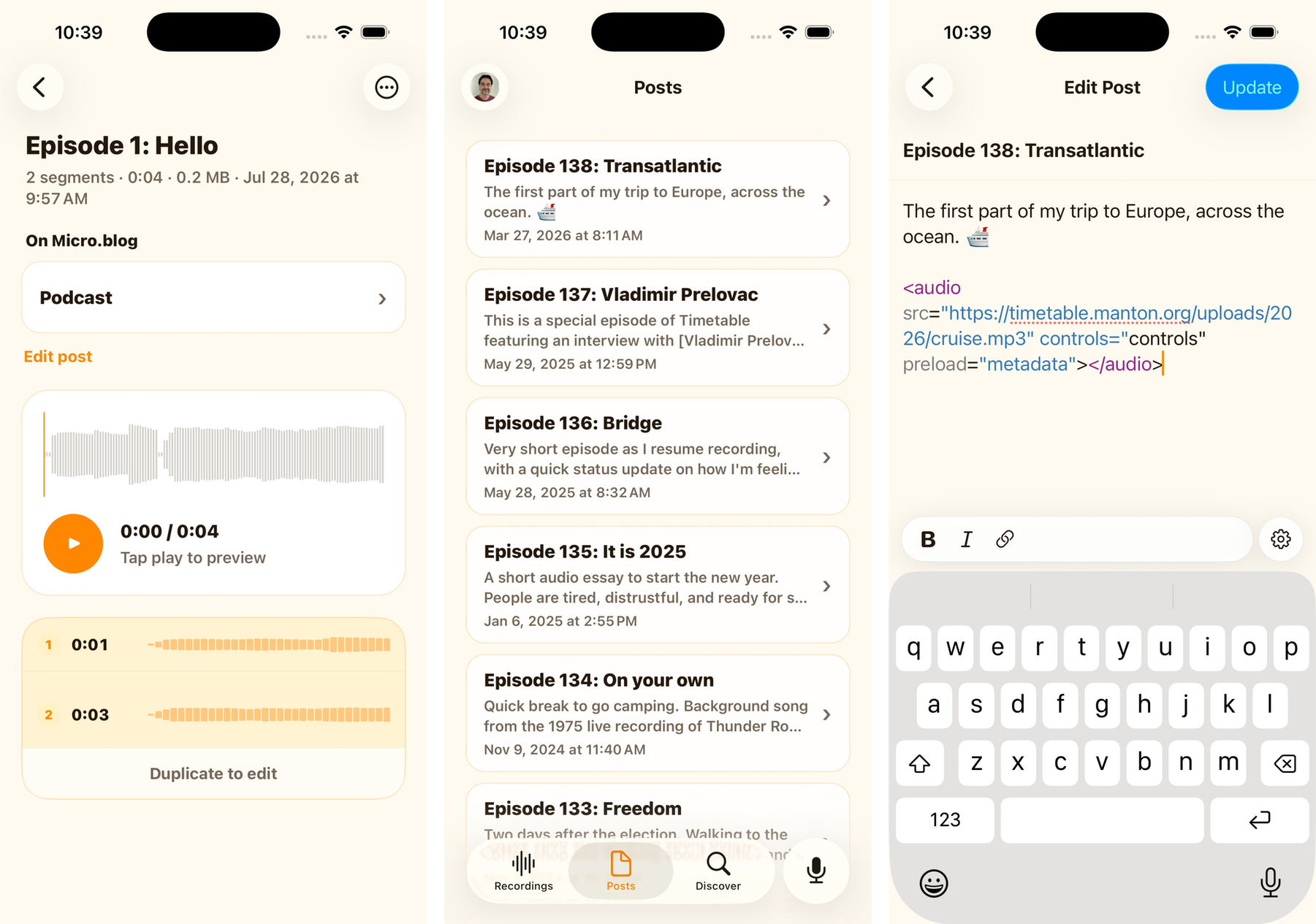 An iOS app interface is shown with screens for creating and editing podcast episodes, including audio waveforms, episode lists, and text editing features.
