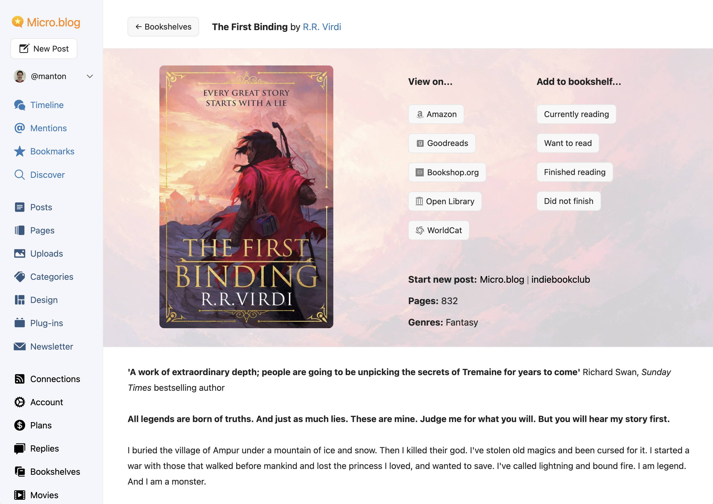 A webpage showcasing the book The First Binding by R.R. Virdi includes options to view it on various platforms, add to a bookshelf with reading status, and presents a description and impressive quote about the story.