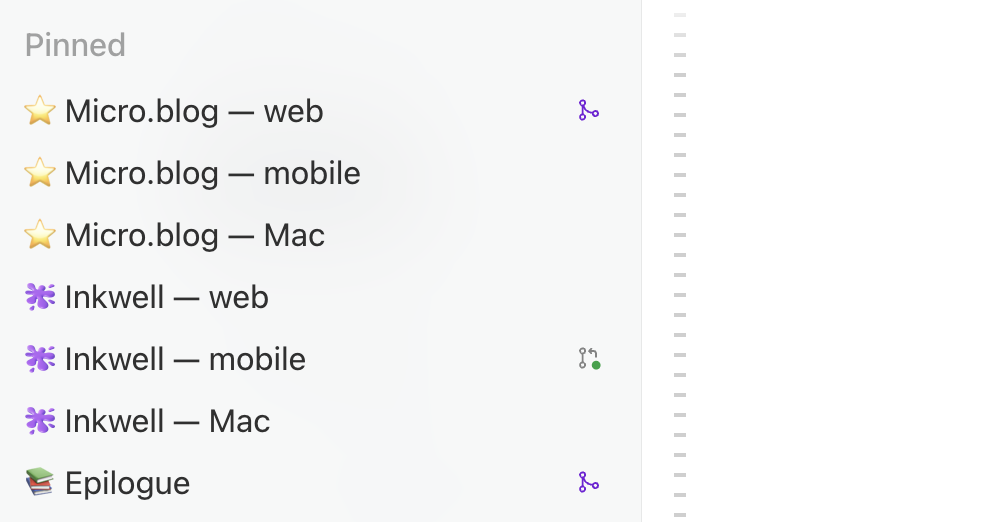 Screenshot showing pinned items includes Micro.blog and Inkwell platforms for web, mobile, and Mac, along with Epilogue.