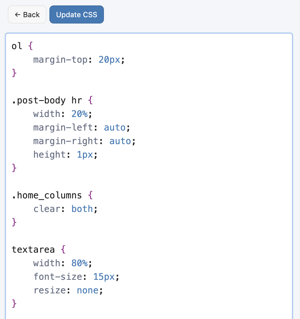 Screenshot of CSS code inside Micro.blog defining styles for ordered lists, horizontal rules, and other classes.