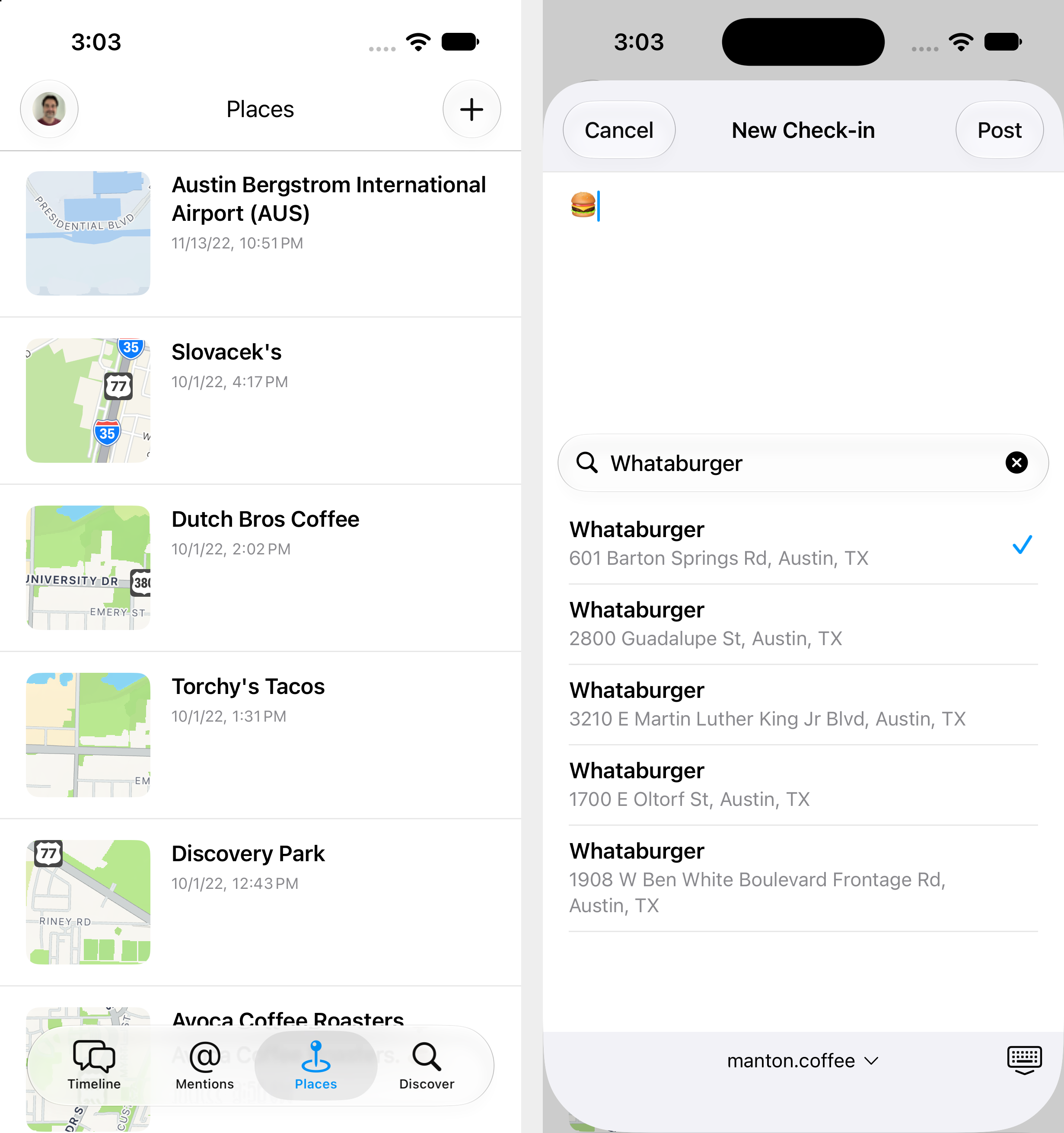 A mobile app interface shows a list of previously visited places on the left and a new check-in screen searching for Whataburger locations in Austin, TX on the right.