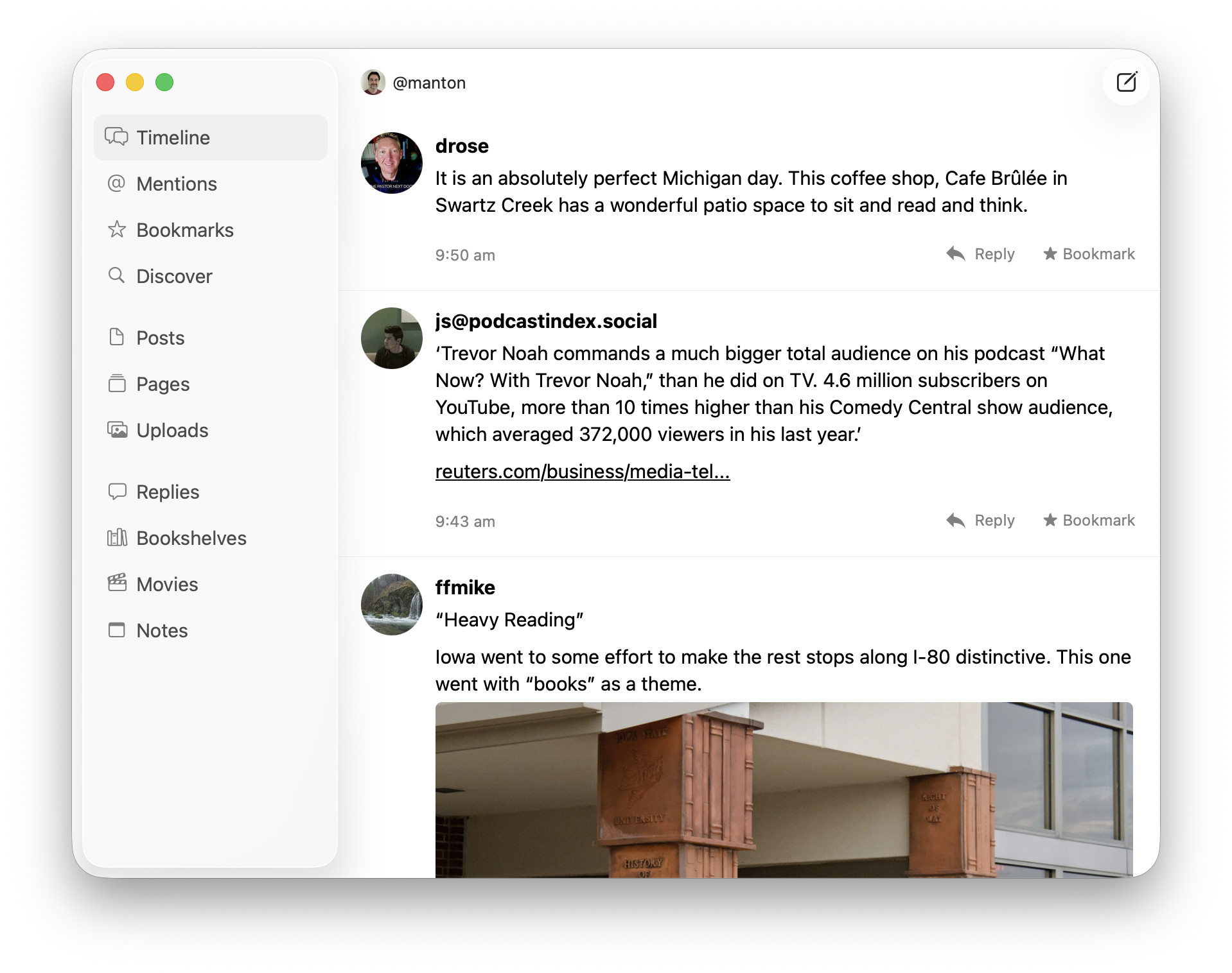 Mac screenshot showing sidebar with slight blue showing through, unified toolbar, and timeline of user posts.