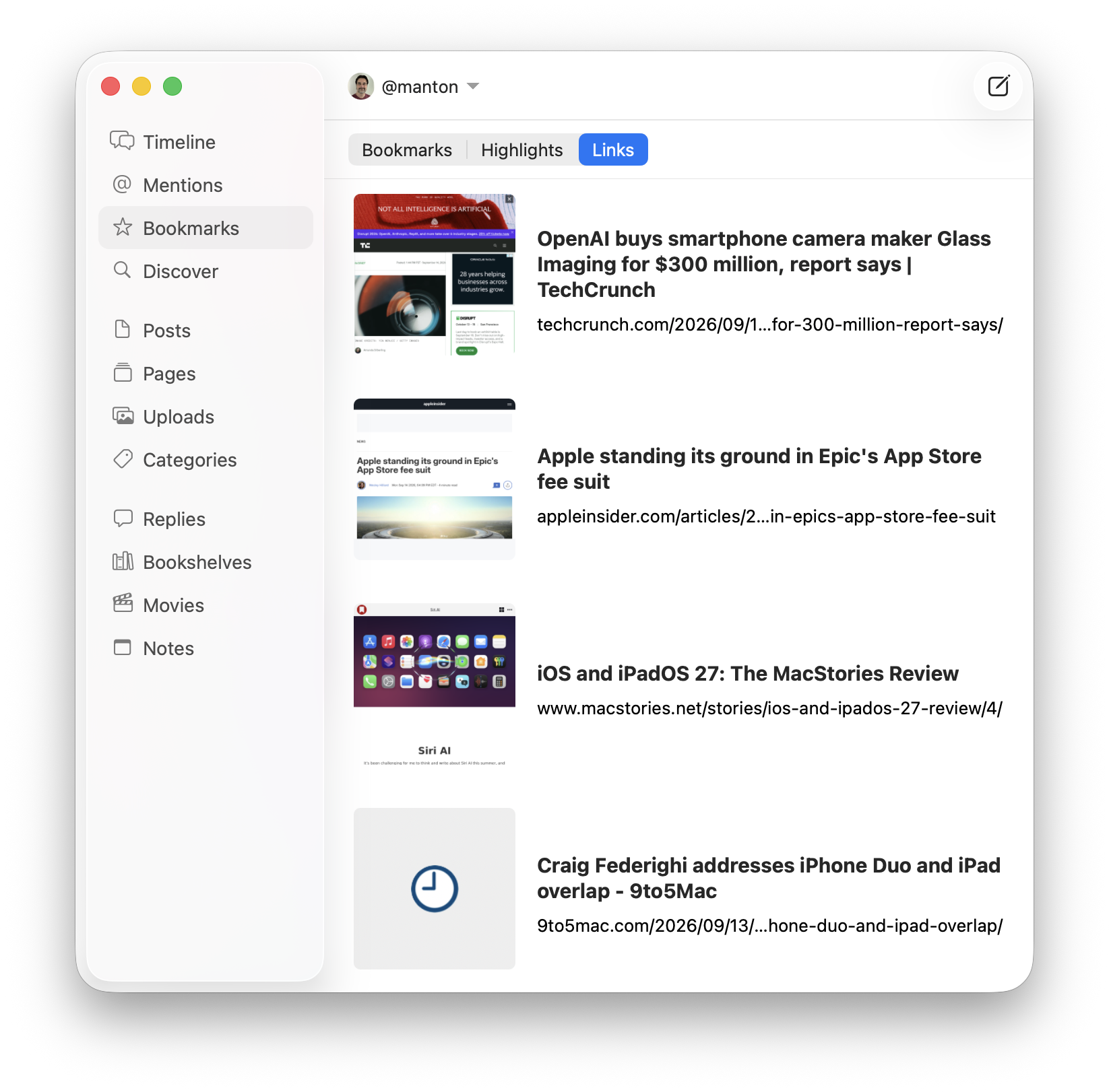 Screenshot shows a user’s bookmarks section with a list of web article links related to technology news and reviews.