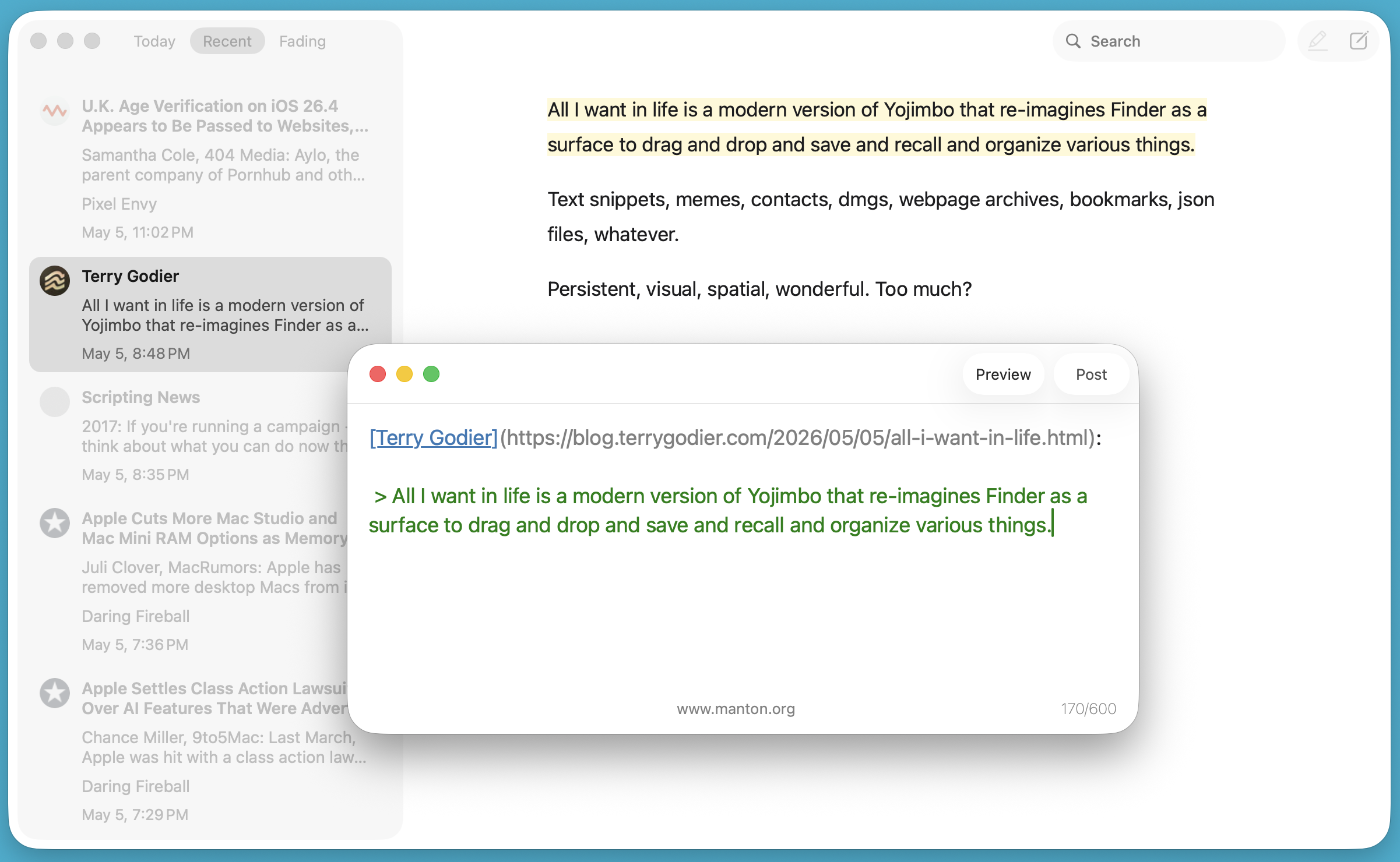 Inkwell main window with posts list, highlighted text, and new post window showing Markdown for a blog post.