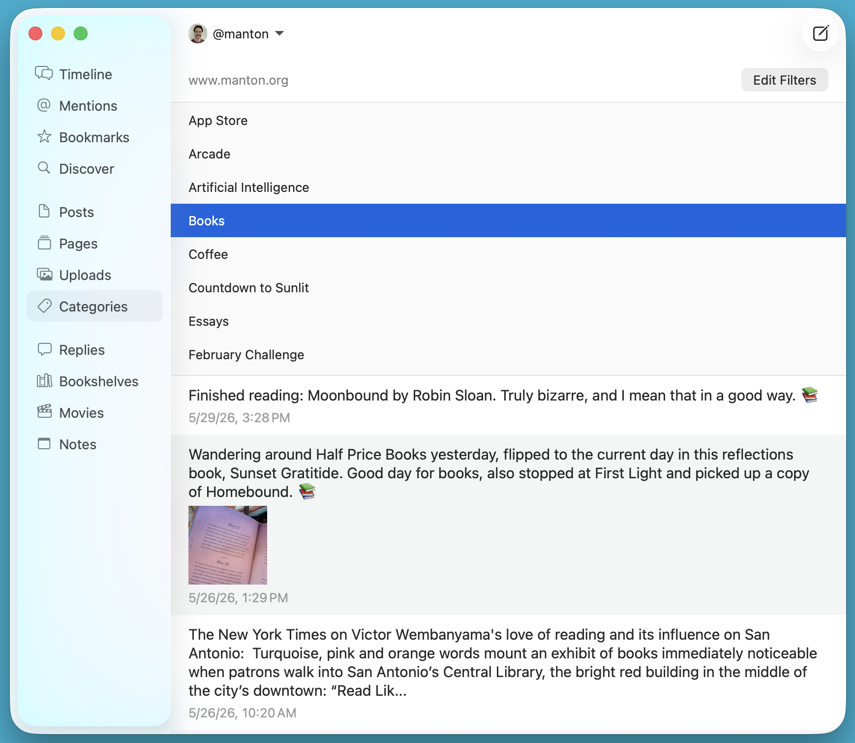 Screenshot showing Mac window with list of categories and posts, with highlighted text about books.