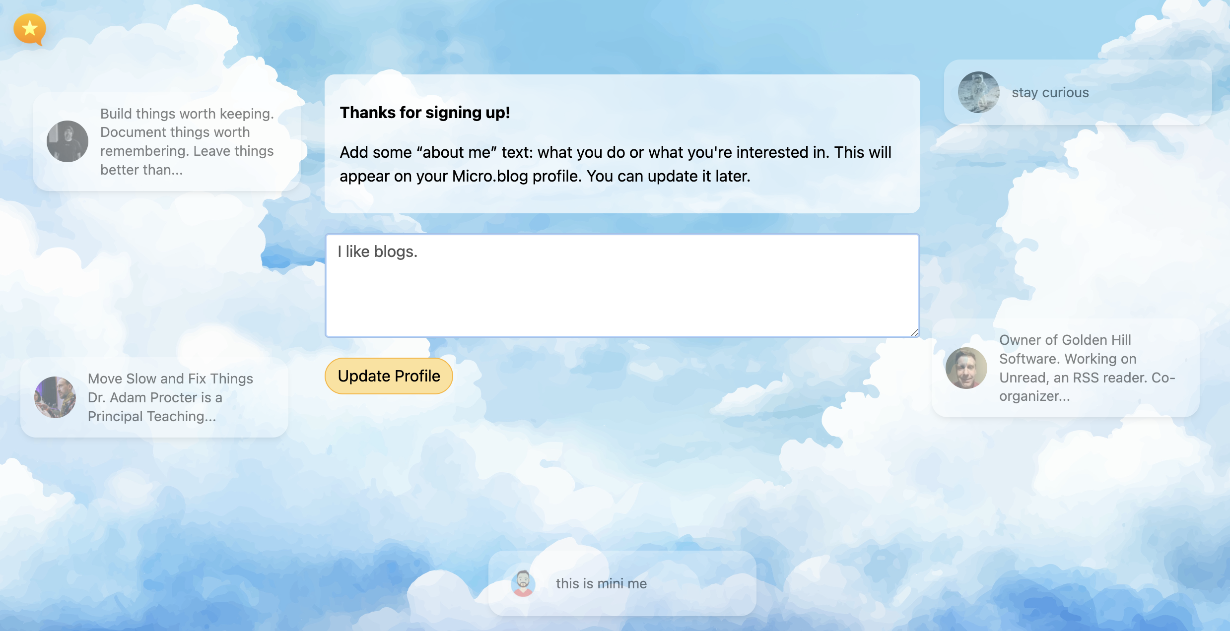 A user interface for signing up and updating a Micro.blog profile is shown, featuring text input for about me information against a cloudy sky background.