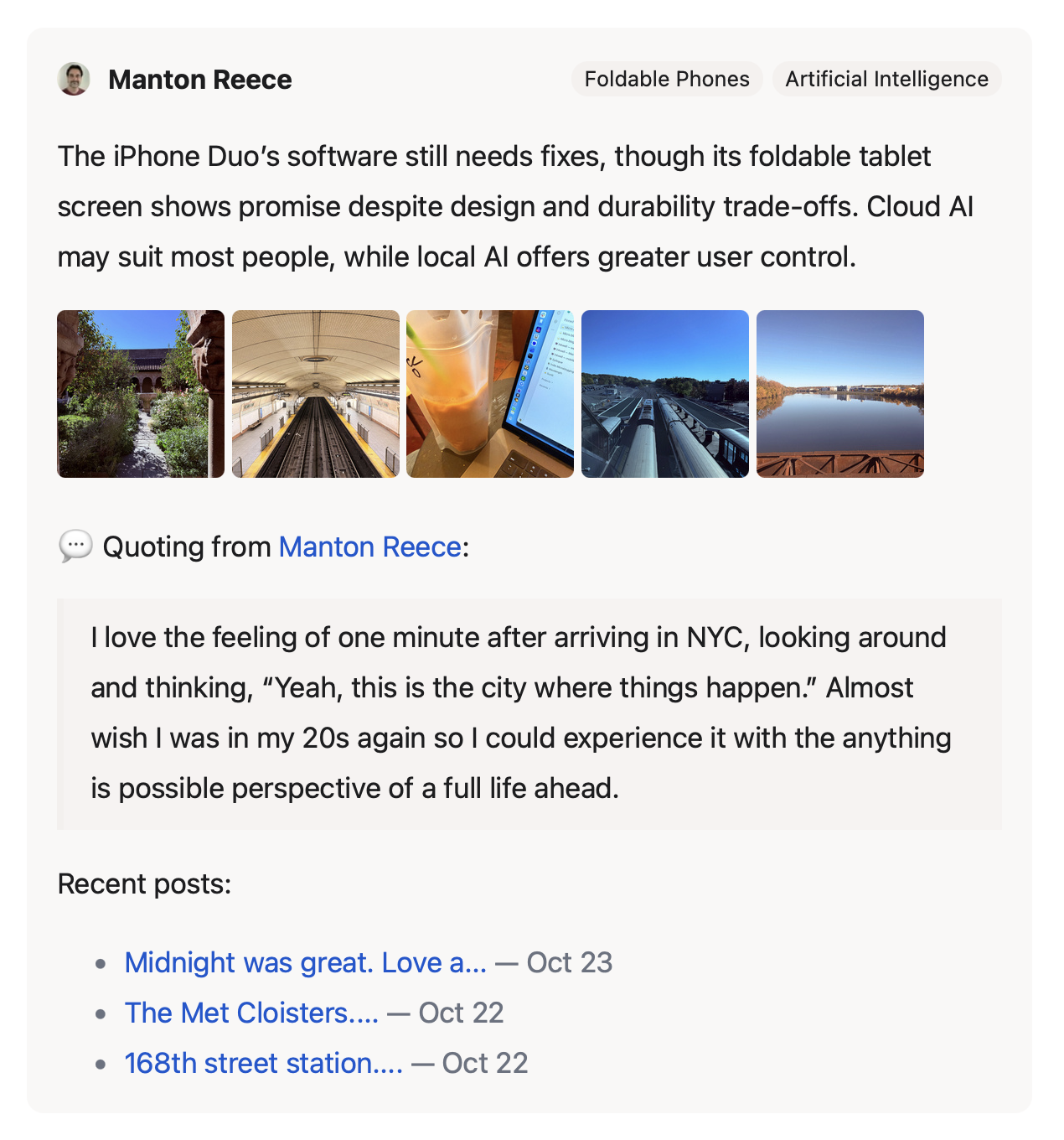 Screenshot of web page showing Manton's blog discussing the iPhone Duo's software issues and potential of its foldable tablet screen, shares a reflective quote about arriving in NYC, and lists recent blog posts with corresponding dates.